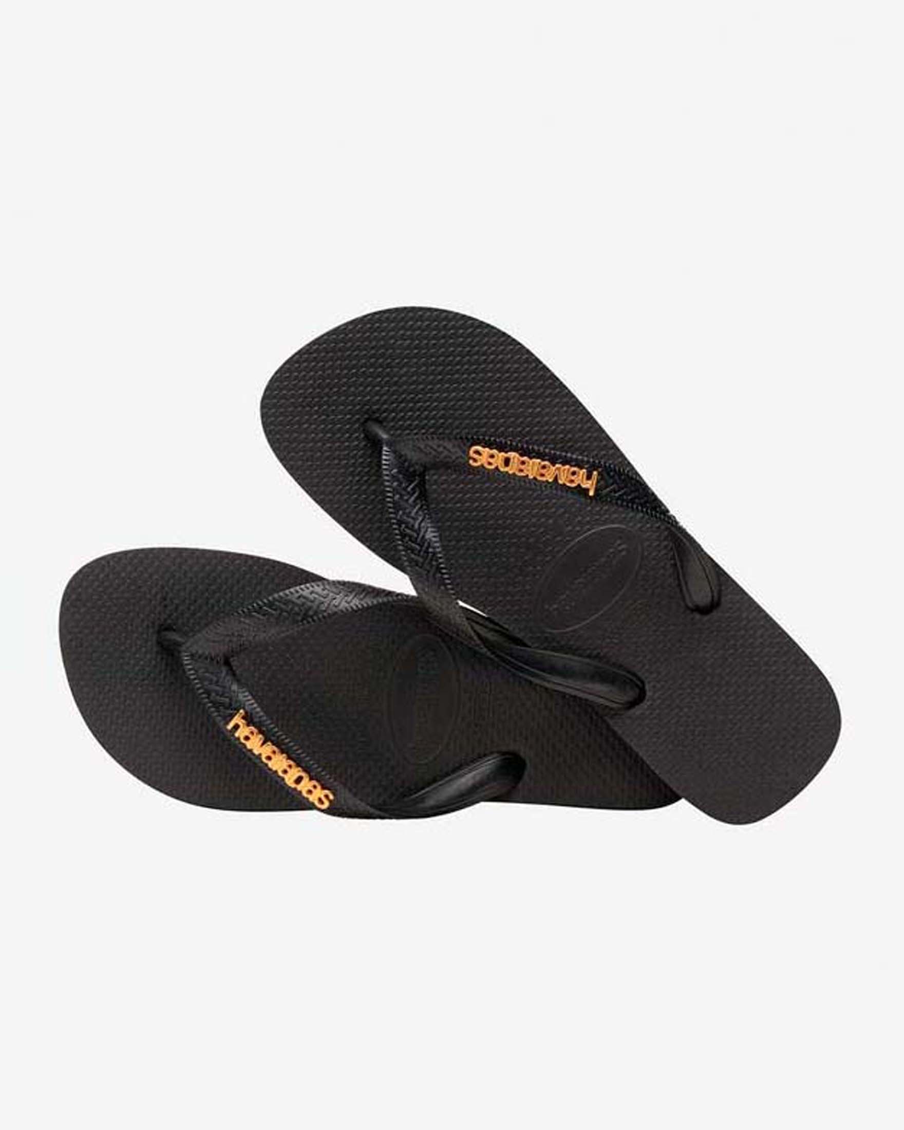Havaianas Slim Logo Metallic neri con fascette tono su tono effetto e logo in rilievo oro metallizzato