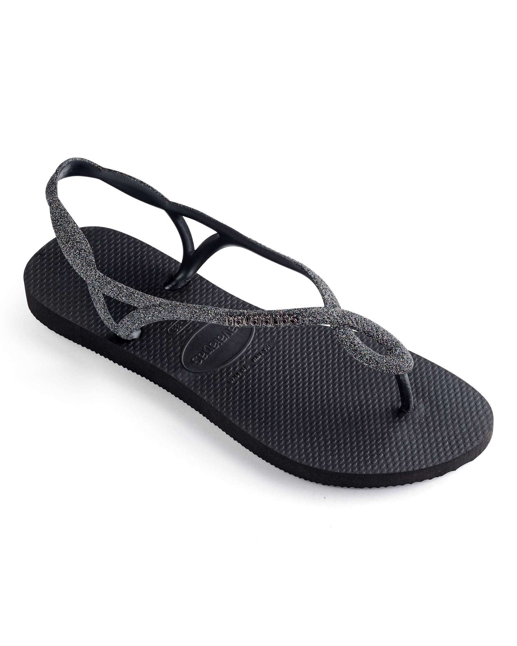Havaianas Luna Premium II neri con fascette intrecciate glitter grigie con logo in metallo