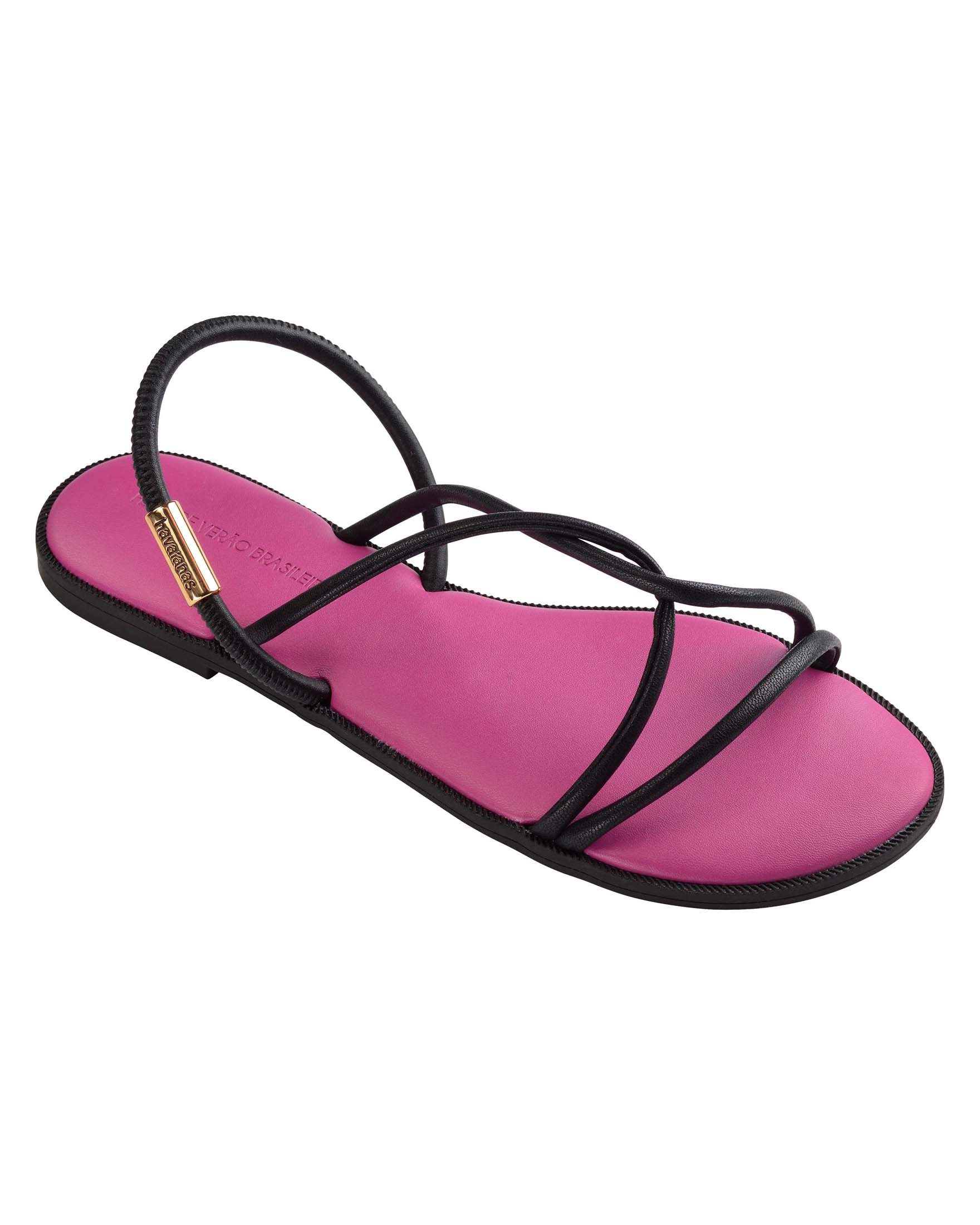 Sandali Una Manga neri con cinturini cilindrici, suola fucsia e placchetta logo in metallo dorato