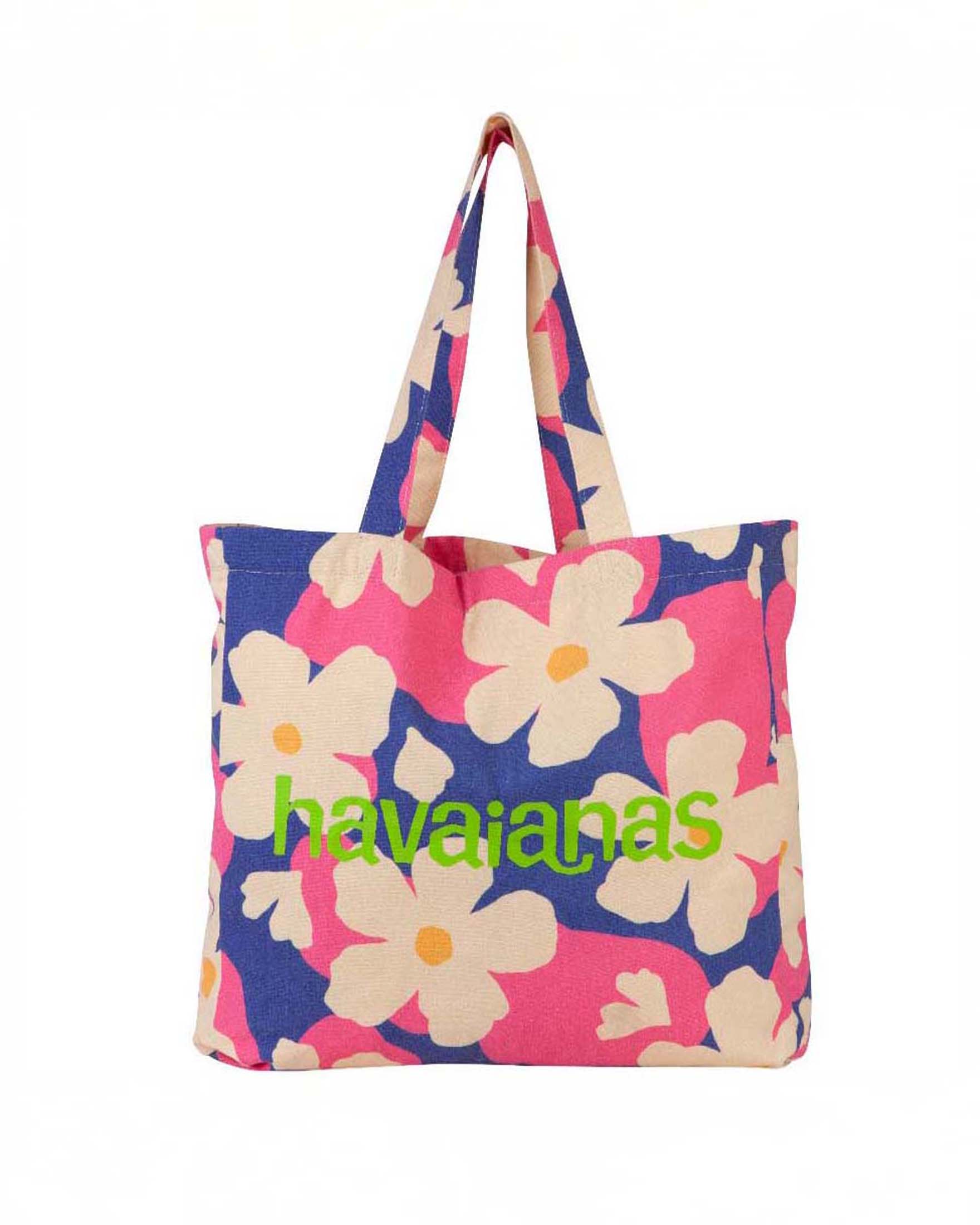 Shopping bag blu in misto cotone a fantasia fiori rosa con scritta logo stampata