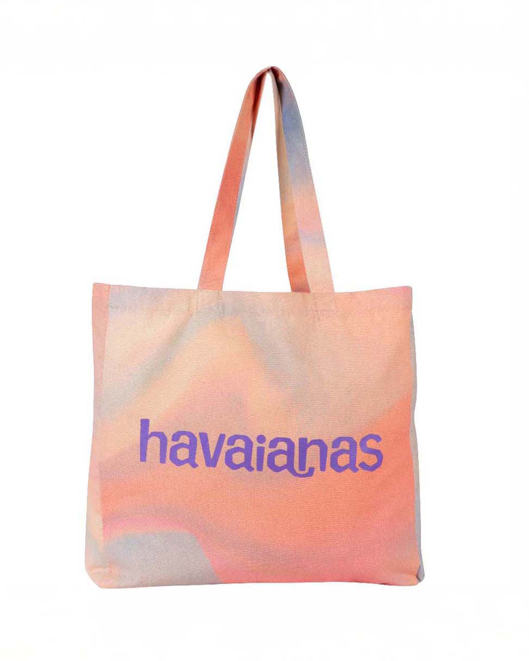 Shopping bag in misto cotone a fantasia degradè rosa e blu con scritta logo stampata