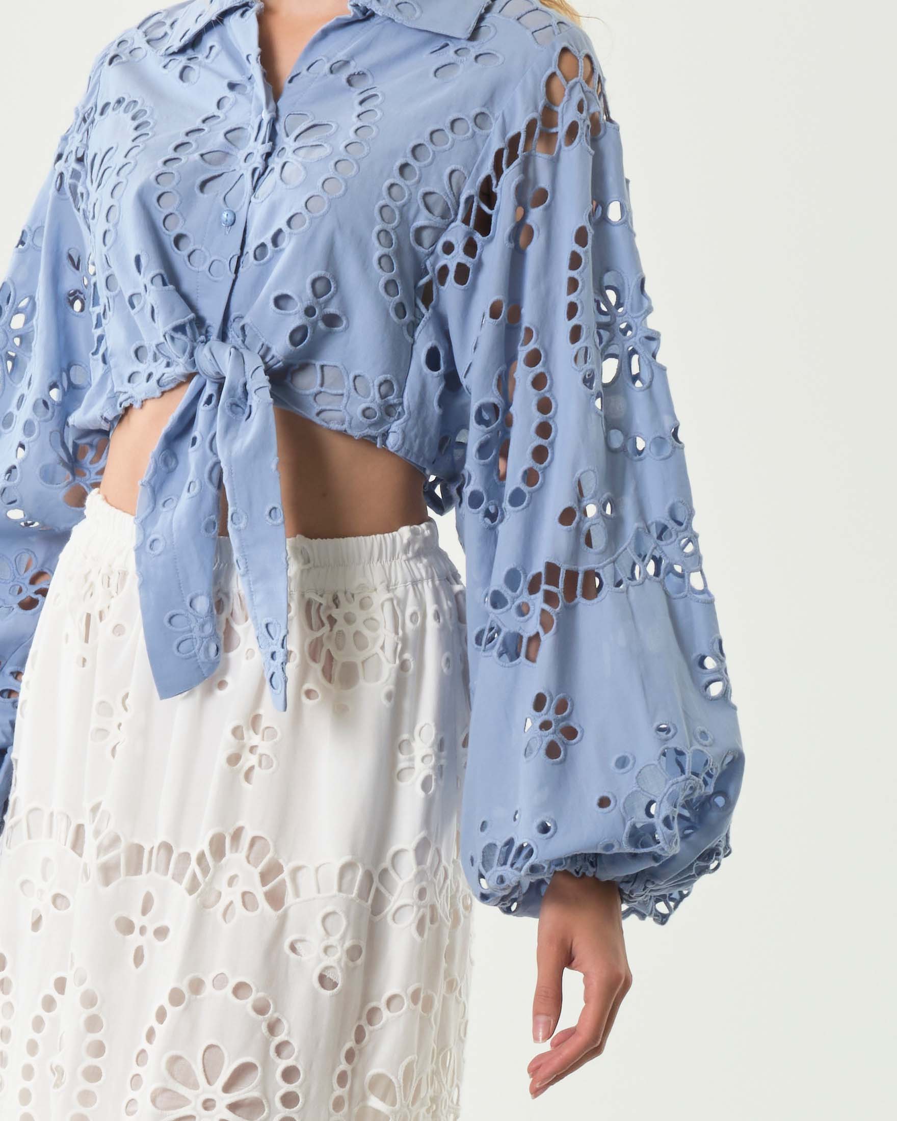 Camicia Con Pizzo Cheer Donna - Blu Media, Manica Corta, Scollo A V, Taglio Slim
