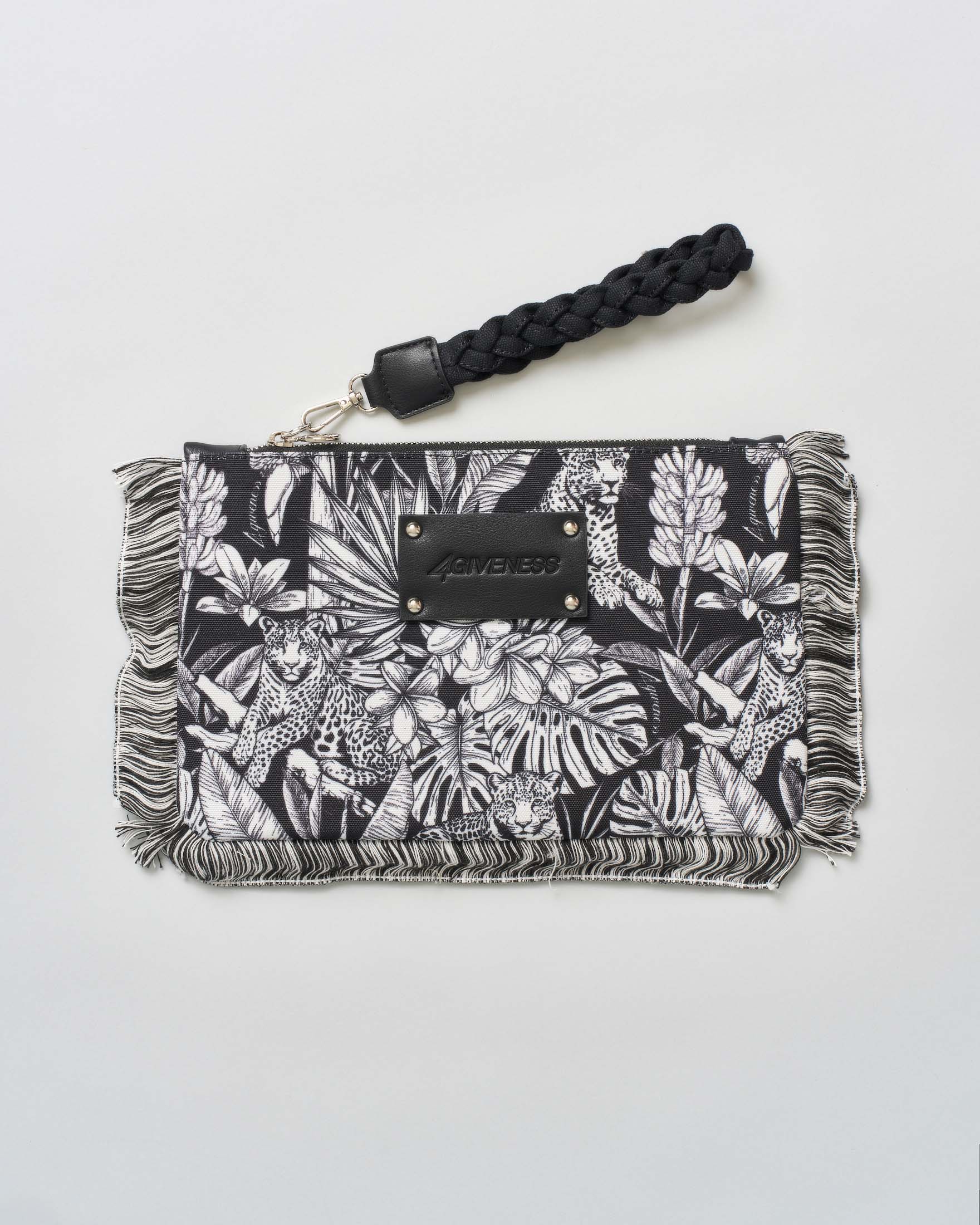 Pochette 4 Giveness bianca e nera a stampa animalier con frangette e gancio intrecciato
