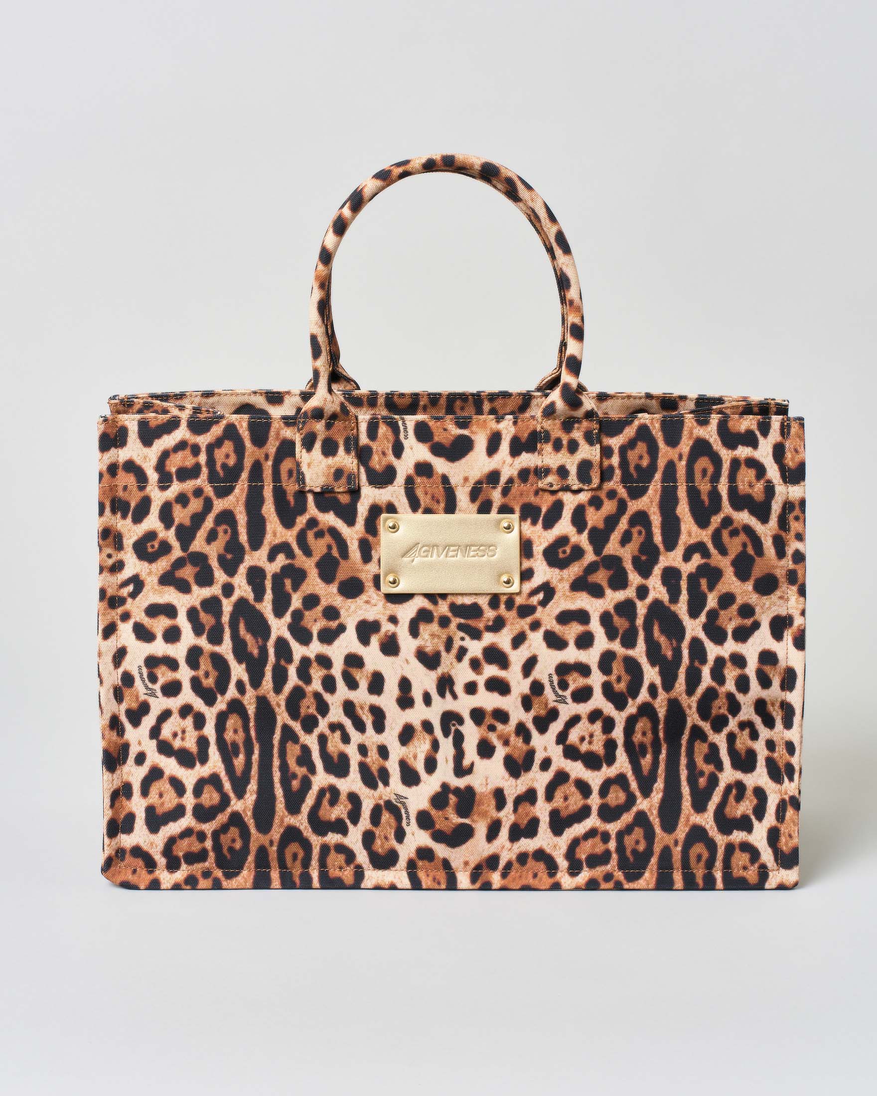 Borsa mare 4 Giveness a stampa leopardata in misto canvas con patch logo color oro