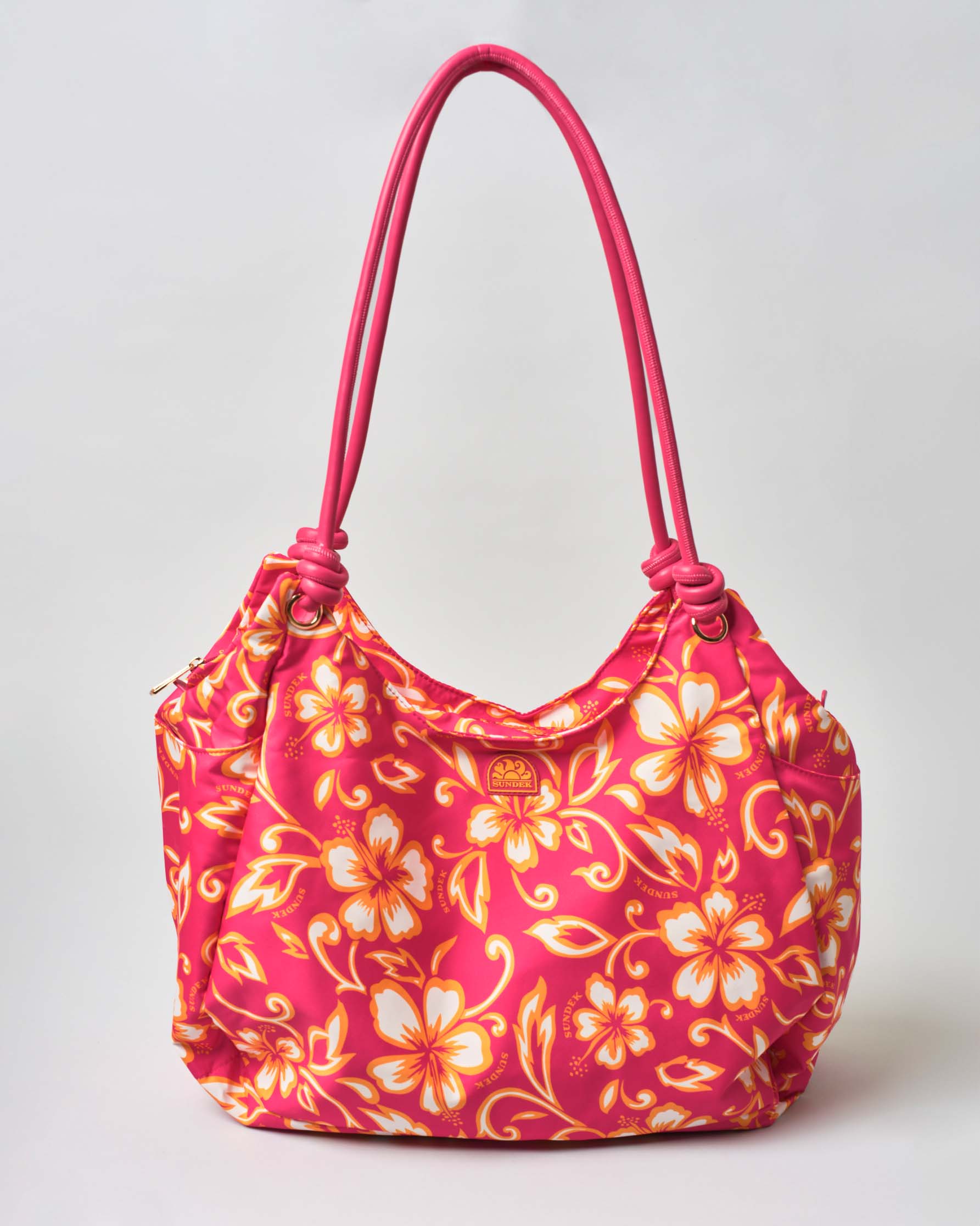 Borsa mare fucsia a fantasia fiori ibisco arancioni con tracolla a corda