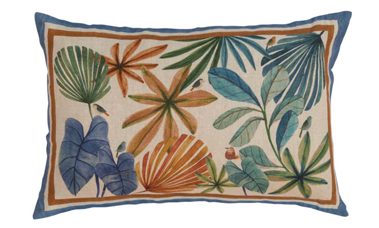 Federa per cuscino rettangolare Mindo in lino con stampa fogliame multicolor