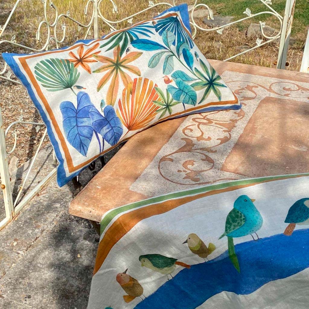 Federa per cuscino rettangolare Mindo in lino con stampa fogliame multicolor image