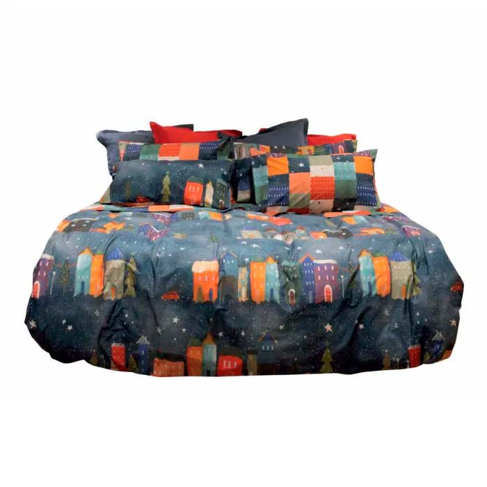 Copripiumino ad una piazza double-face Happy Cottage in cotone con stampa casette e quadri multicolor