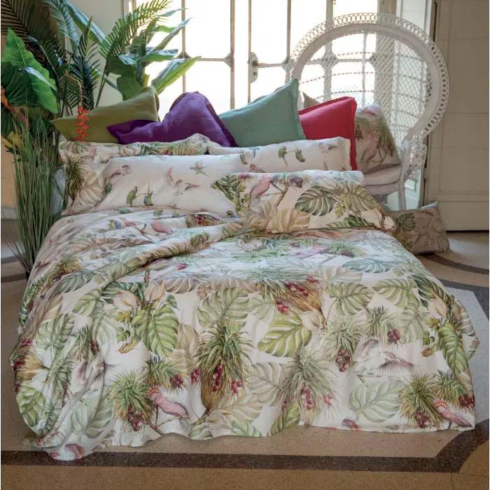 Copripiumino a due piazze double-face Parrot in cotone con stampa foglie e pappagalli