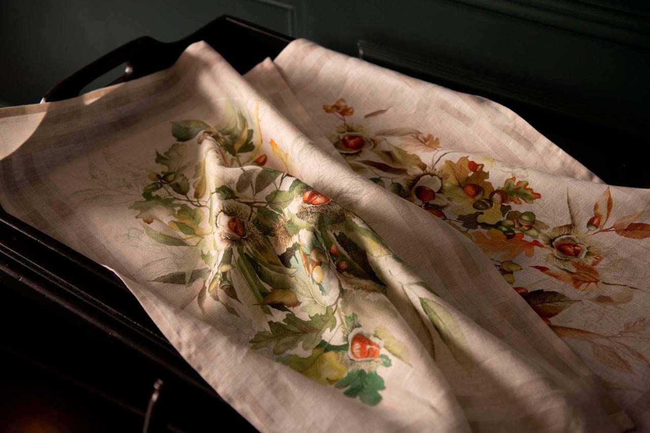 Canovaccio Ballotte in lino beige con stampa castagne verde image