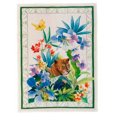 Canovaccio Naif in lino panna con stampa giungla con pantera multicolor