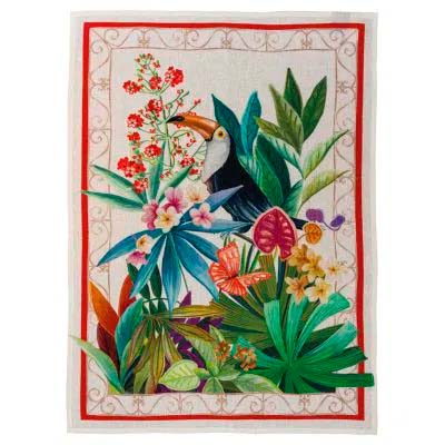 Canovaccio Naif in lino panna con stampa giungla con tucano multicolor