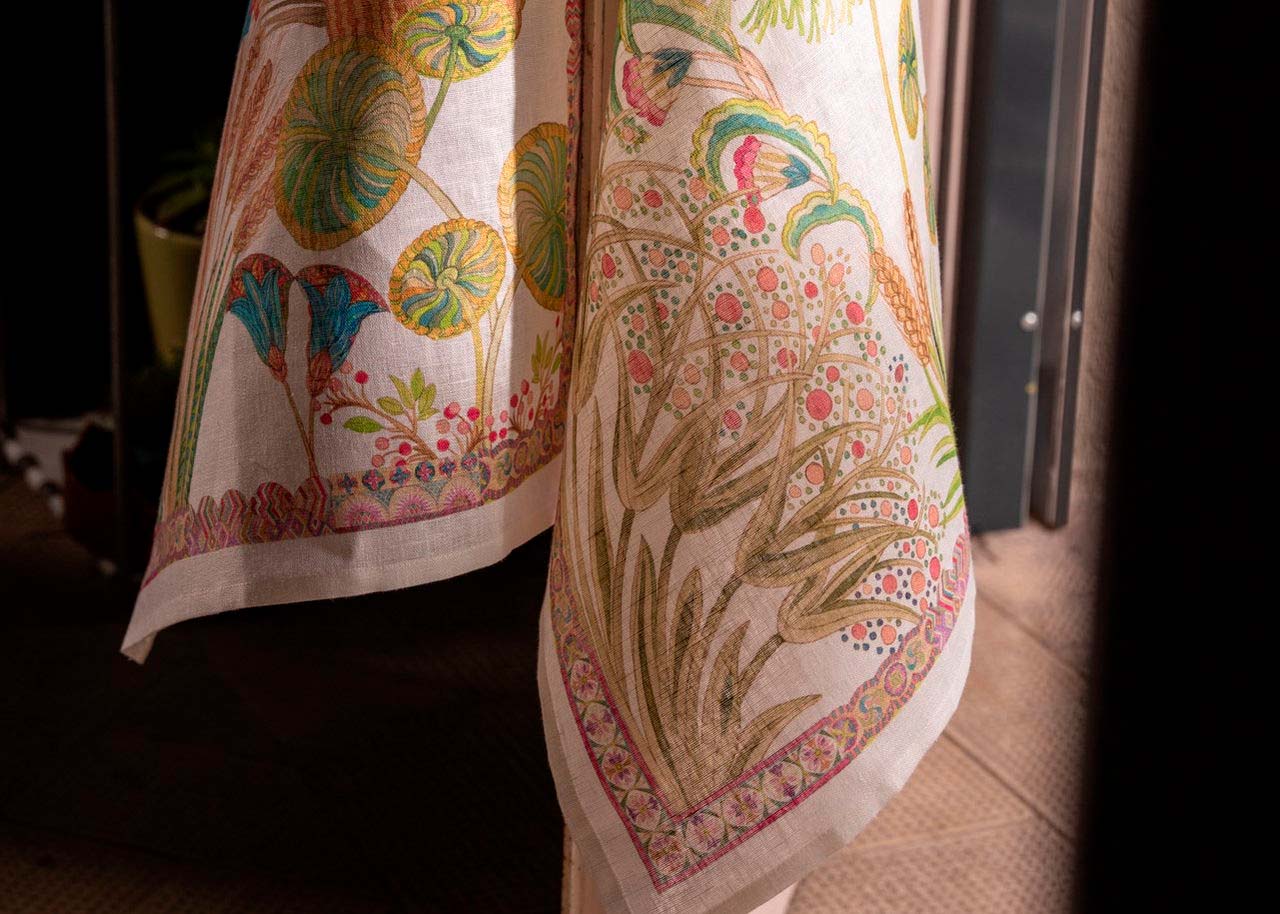 Canovaccio Papyro in lino bianco con stampa piante esotiche multicolor image