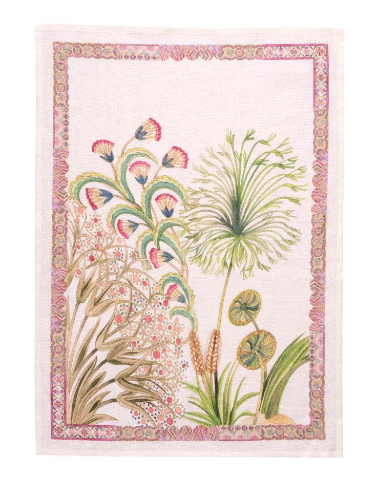 Canovaccio Papyro in lino bianco con stampa piante esotiche verde