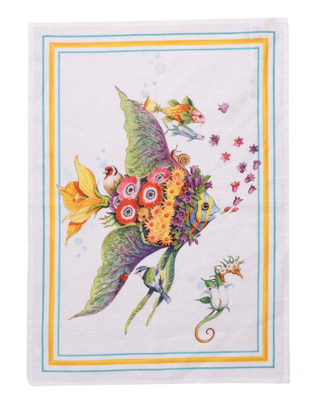 Canovaccio Pesciflora in lino bianco con stampa animali adornati di fiori multicolor e contorno giallo e azzurro