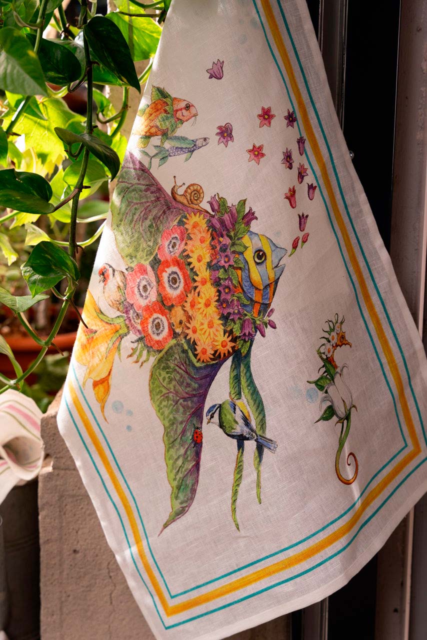 Canovaccio Pesciflora in lino bianco con stampa animali adornati di fiori multicolor e contorno giallo e azzurro image