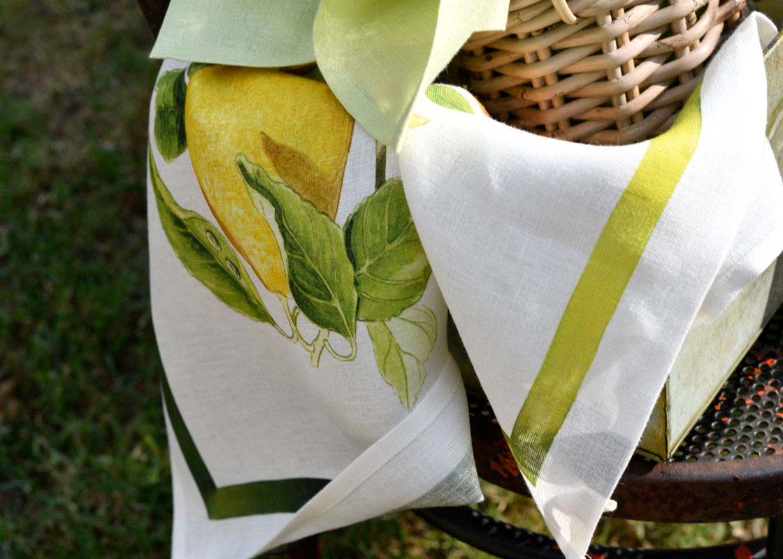 Canovaccio Limoncello in lino bianco con stampa limoni e controno verde image