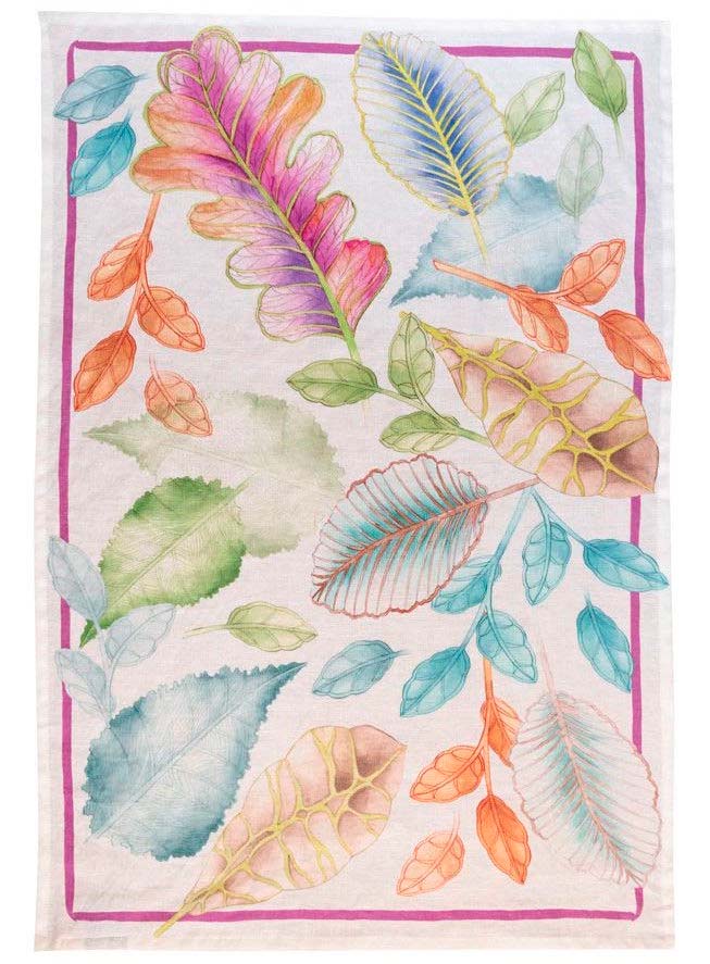 Canovaccio Foliage in lino bianco con stampa fogliame multicolor
