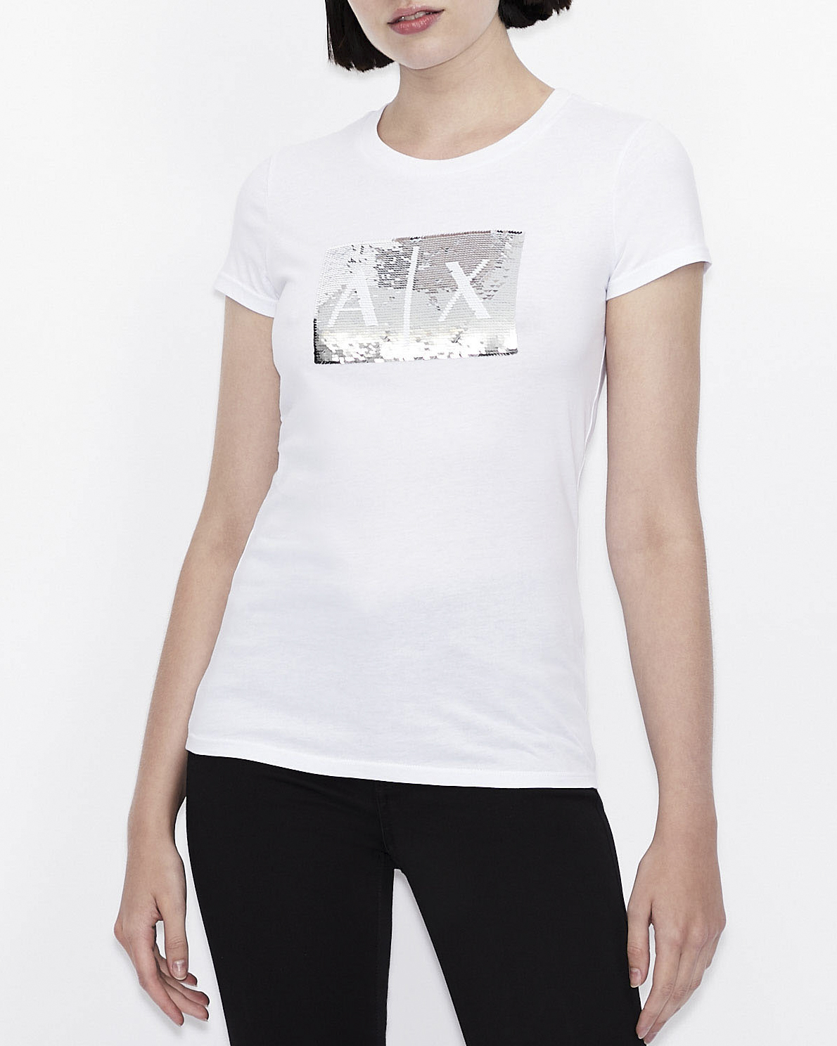 T-shirt bianca Exchange in cotone con logo in paillettes reversibili nel color argento