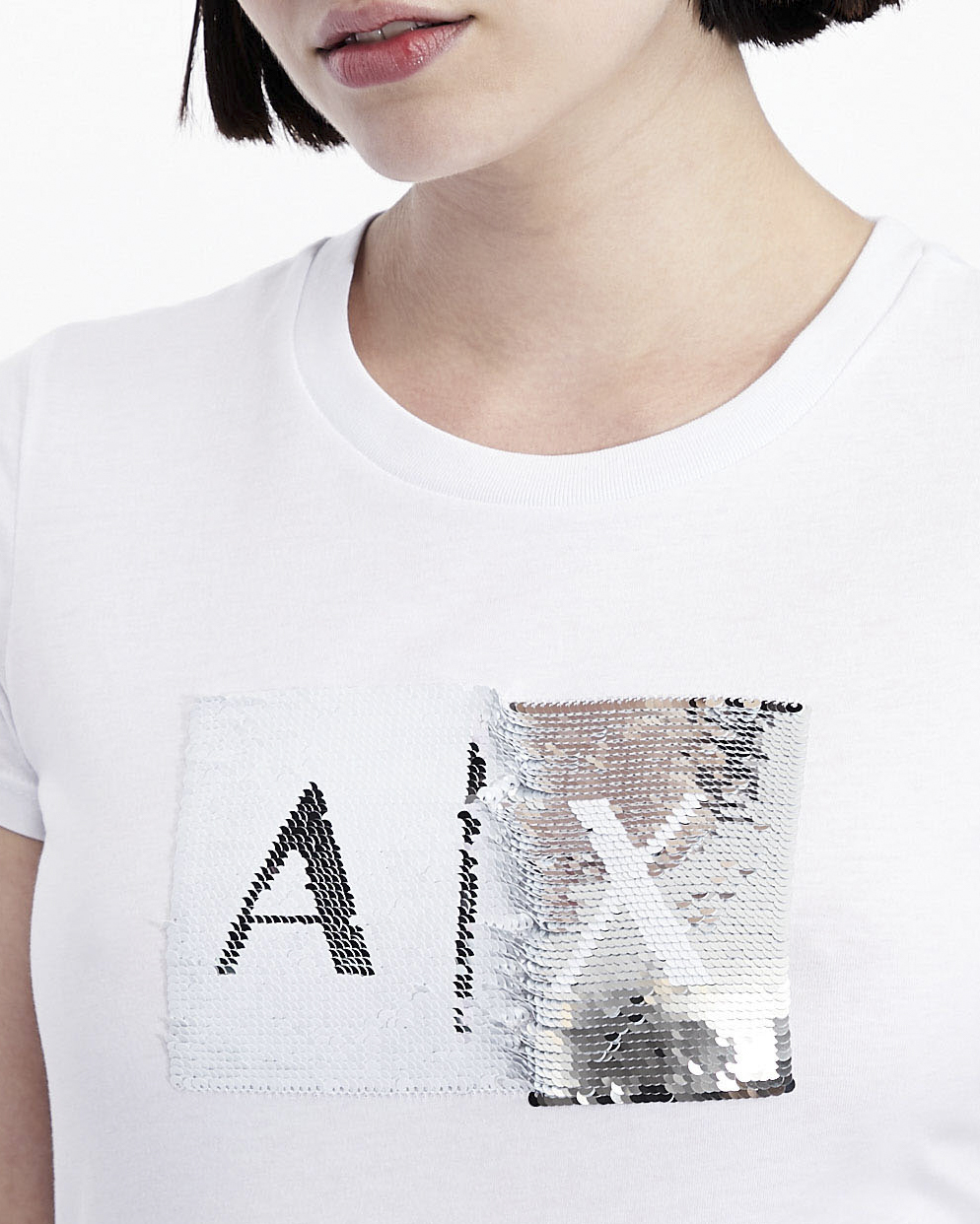 T-shirt bianca Armani Exchange in cotone con logo in paillettes reversibili nel color argento image