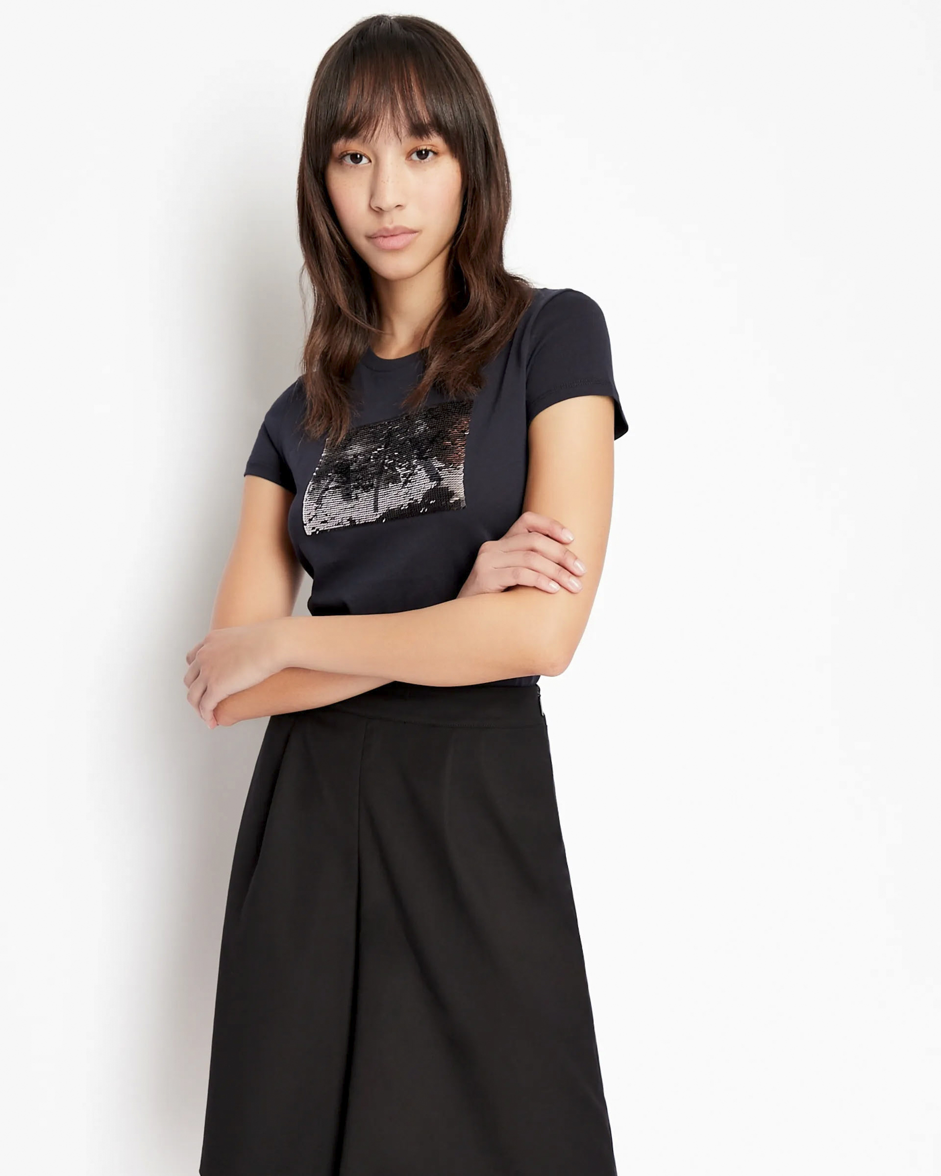 T-shirt blu Armani Exchange in cotone con logo in paillettes reversibili nel color argento