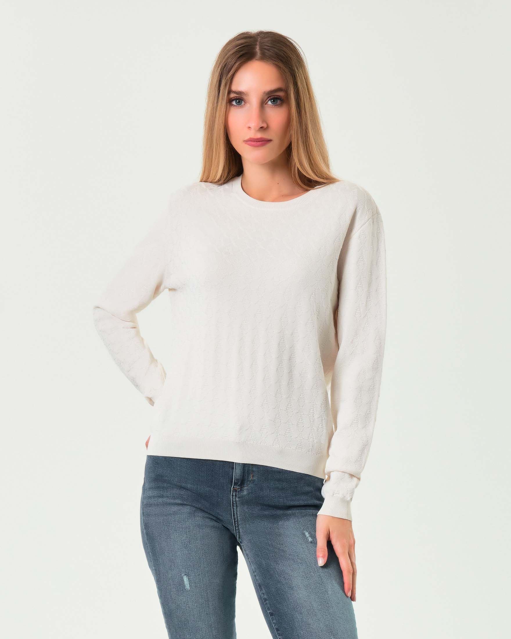 Maglia bianca Exchange in misto viscosa con logo jacquard all over