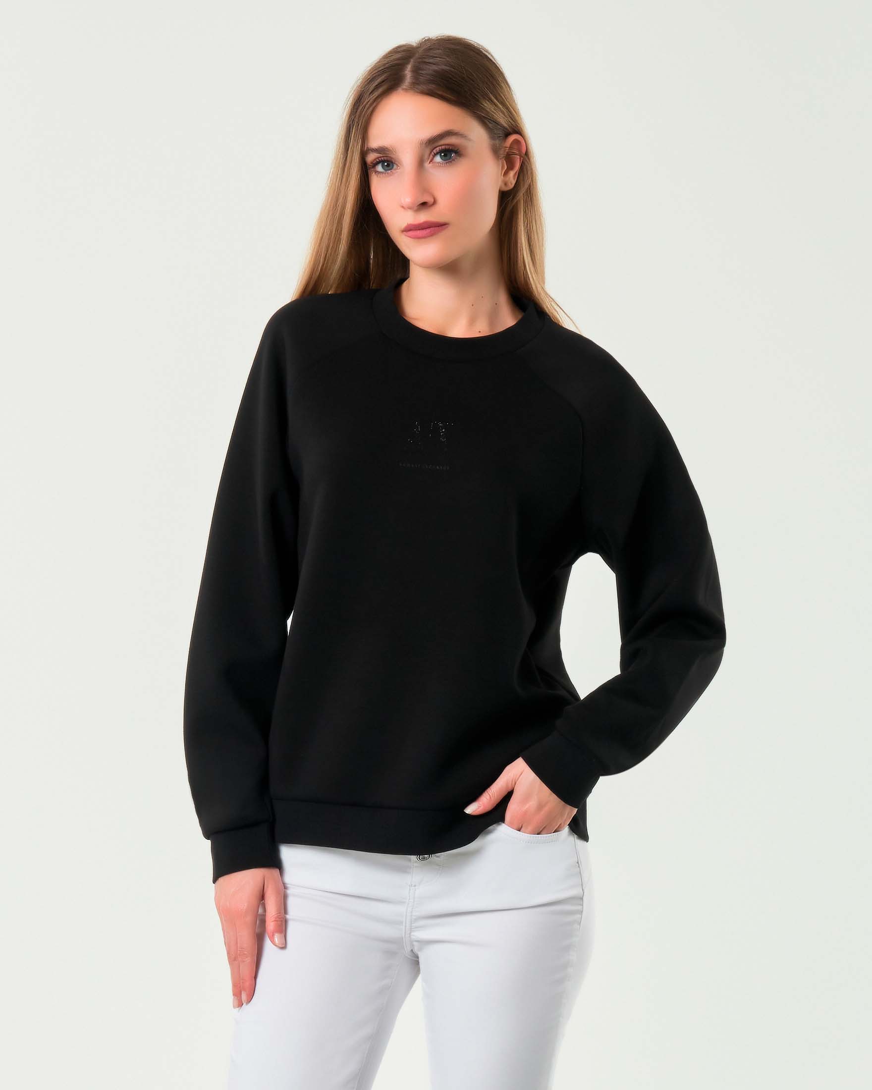 Felpa girocollo nera Armani Exchange in misto viscosa effetto scuba con scritta logo in strass