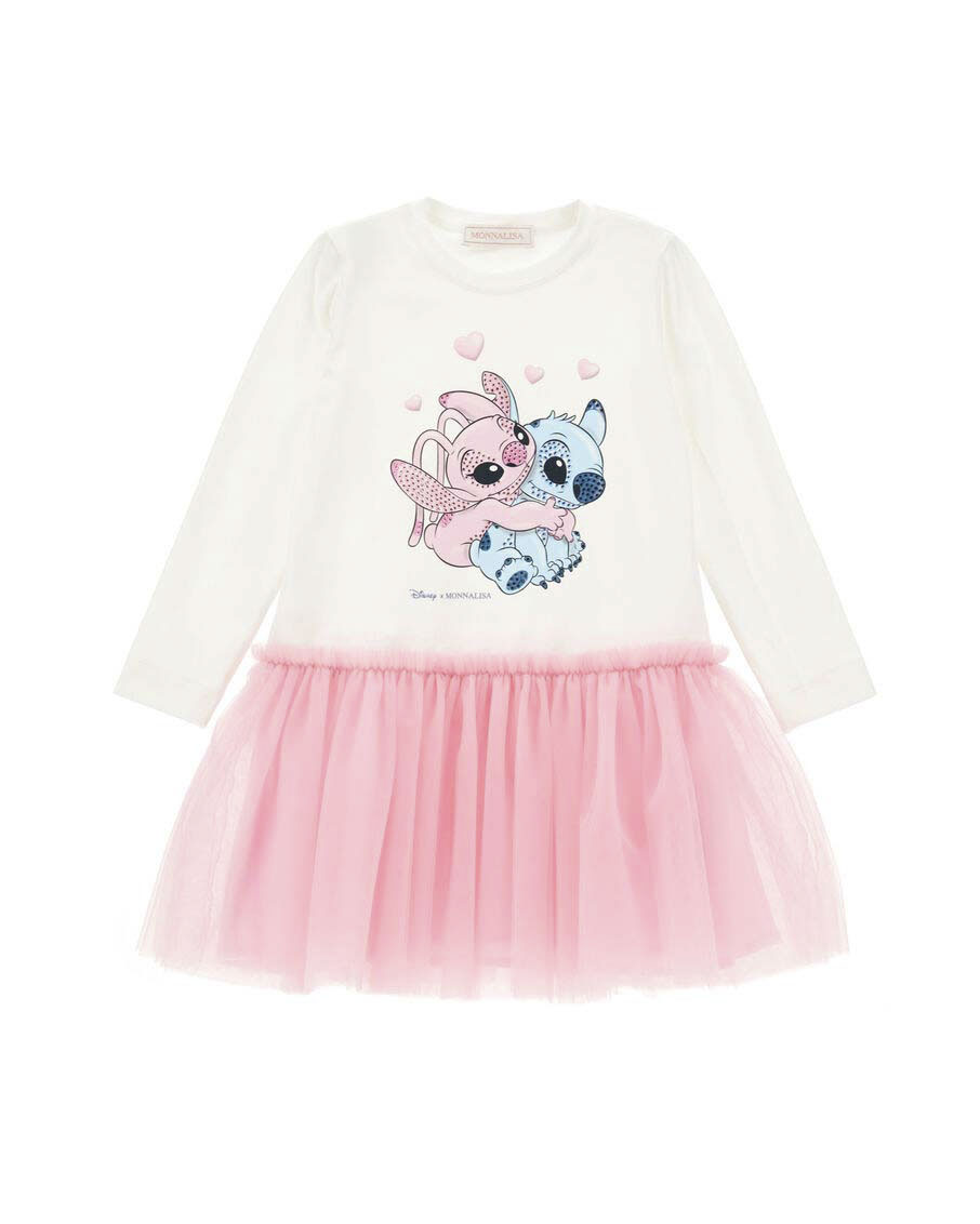 Abito Monnalisa con gonna in tulle rosa e t-shirt a manica lunga avorio con stampa Stitch Disney