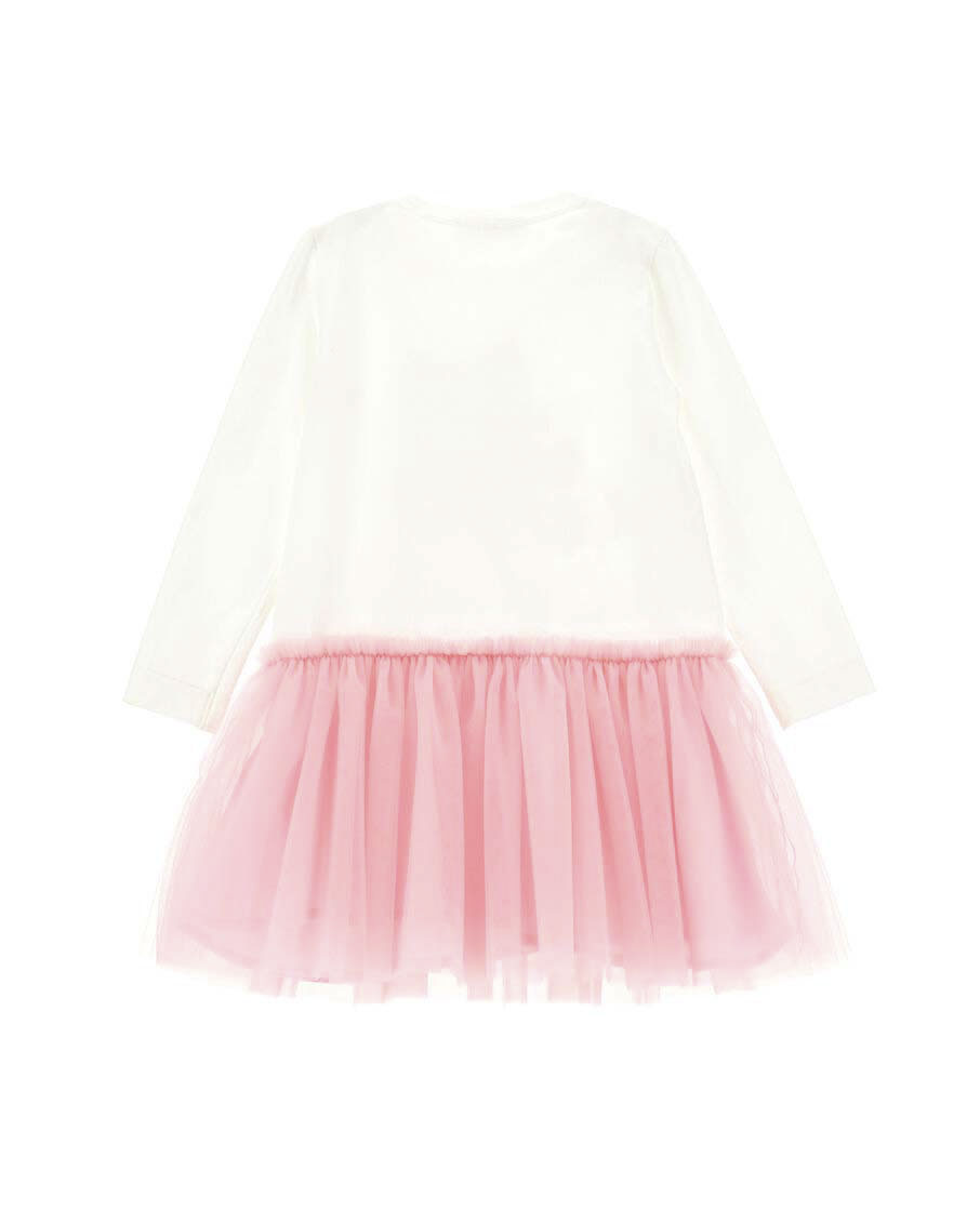 Abito Monnalisa con gonna in tulle rosa e t-shirt a manica lunga avorio con stampa Stitch Disney