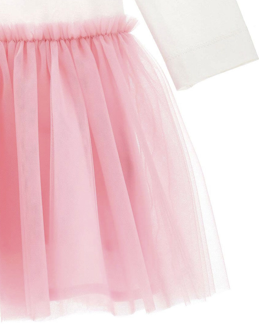 Abito Monnalisa con gonna in tulle rosa e t-shirt a manica lunga avorio con stampa Stitch Disney