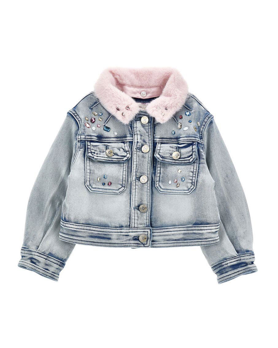 Giubbino Monnalisa in denim di misto cotone con colletto in ecopelliccia rosa e ricamo Stitch Ohana
