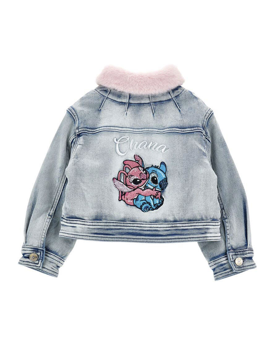 Giubbino Monnalisa in denim di misto cotone con colletto in ecopelliccia rosa e ricamo Stitch Ohana image
