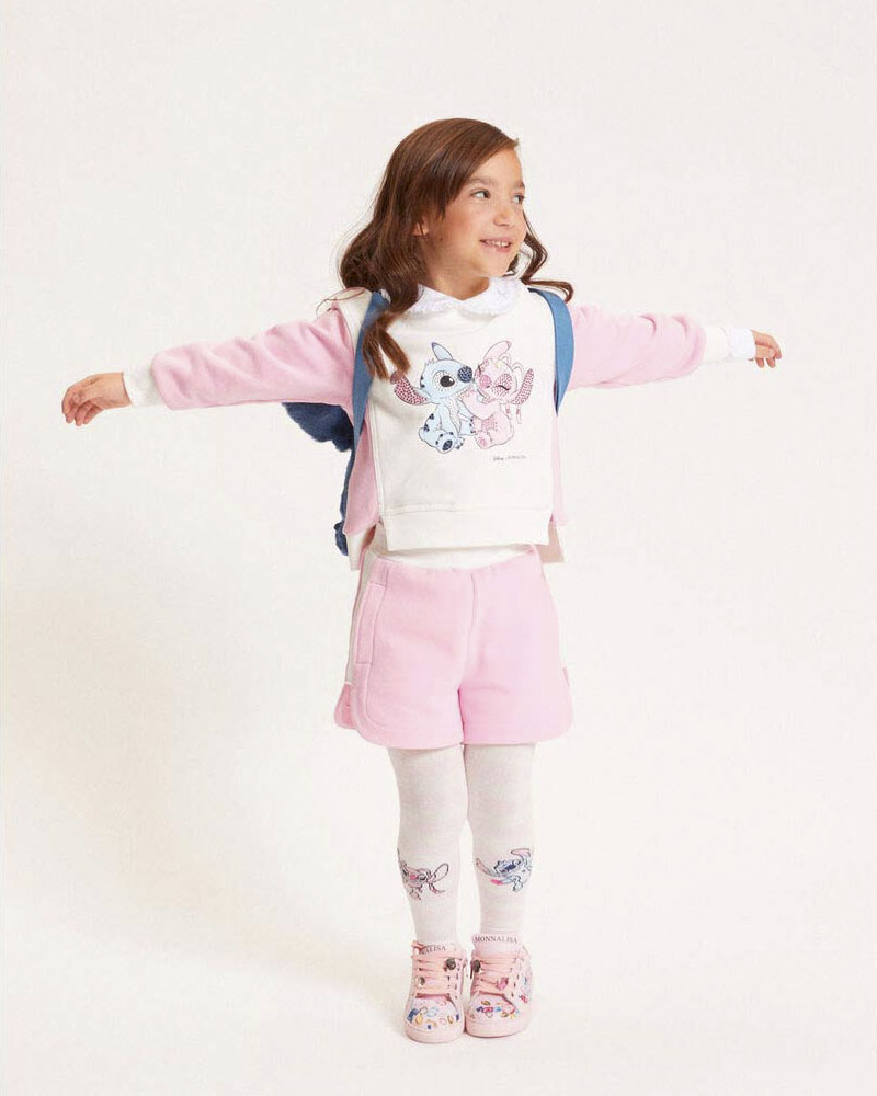 Felpa girocollo Monnalisa rosa e bianca in misto cotone con stampa Stitch & Angel image