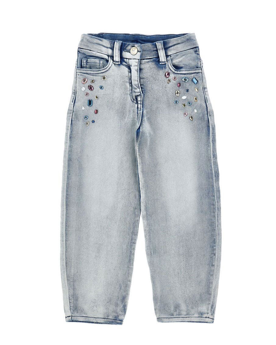Jeans Monnalisa baloon fit lavaggio chiaro con strass multicolore applicati