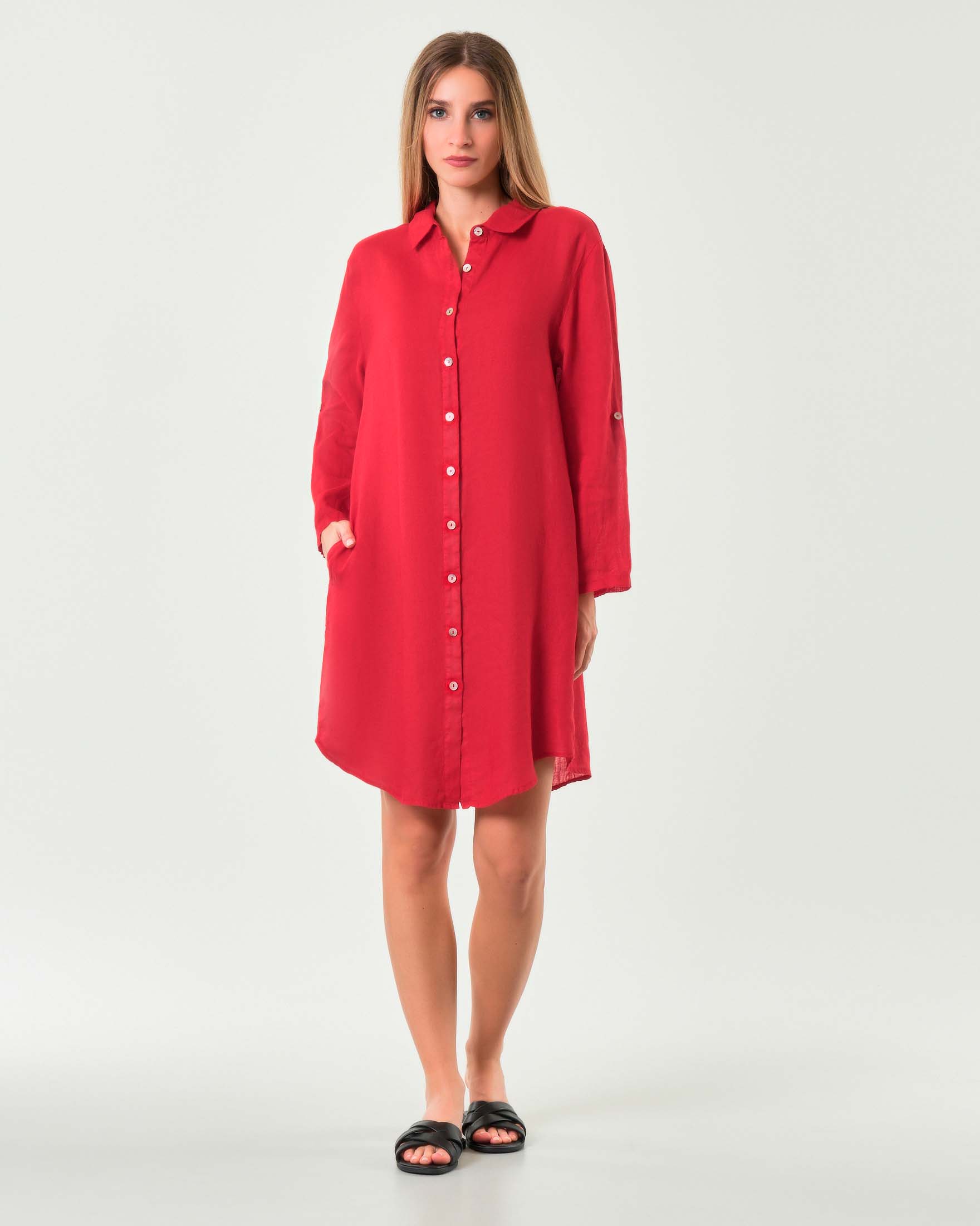 Abito chemisier corto in lino rosso con maniche tre quarti image
