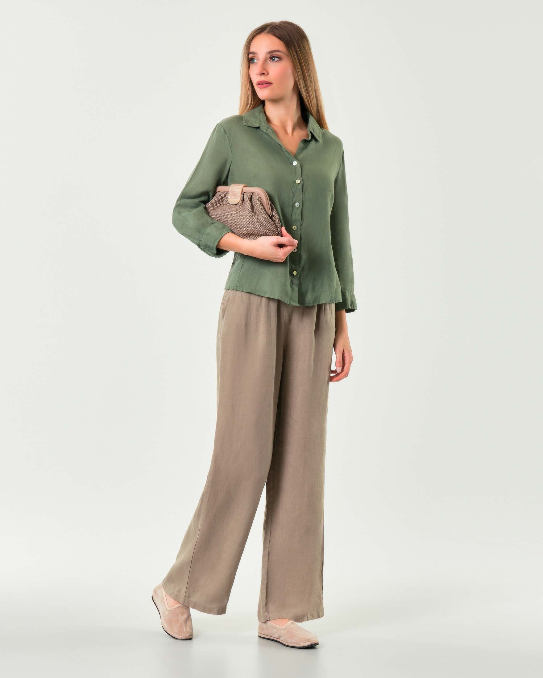 Pantaloni palazzo color fango in lino con elastico inserito in vita