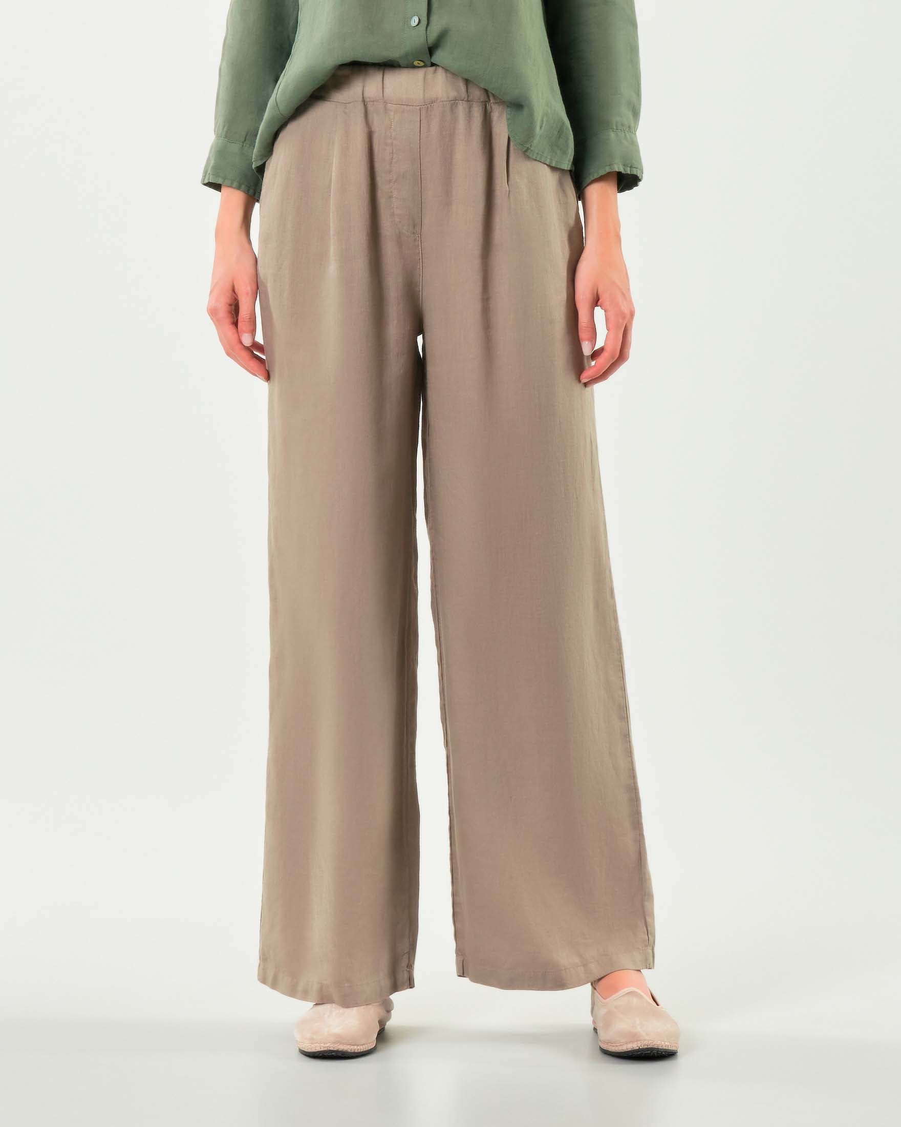 Pantaloni palazzo color fango in lino con elastico inserito in vita image