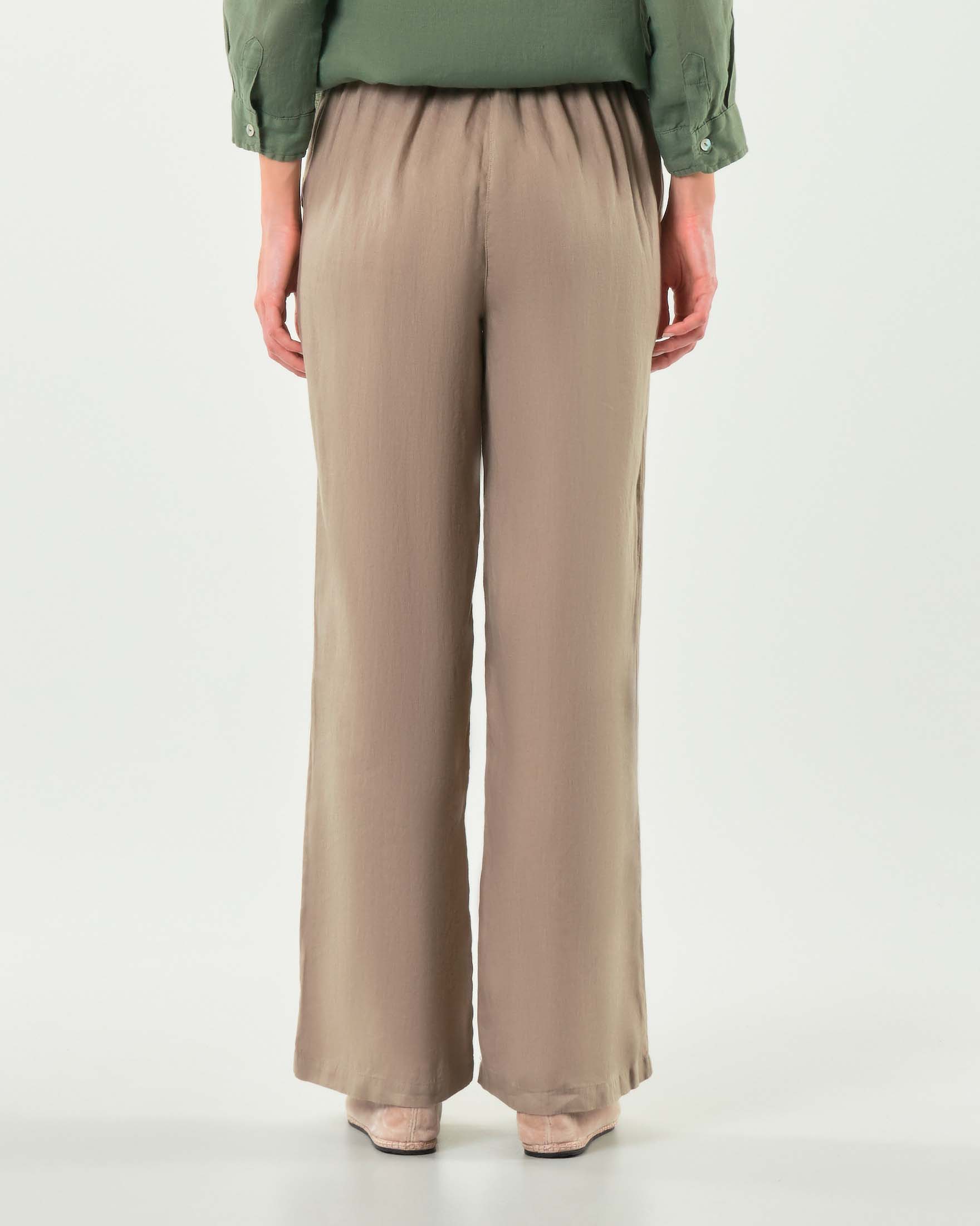 Pantaloni palazzo color fango in lino con elastico inserito in vita