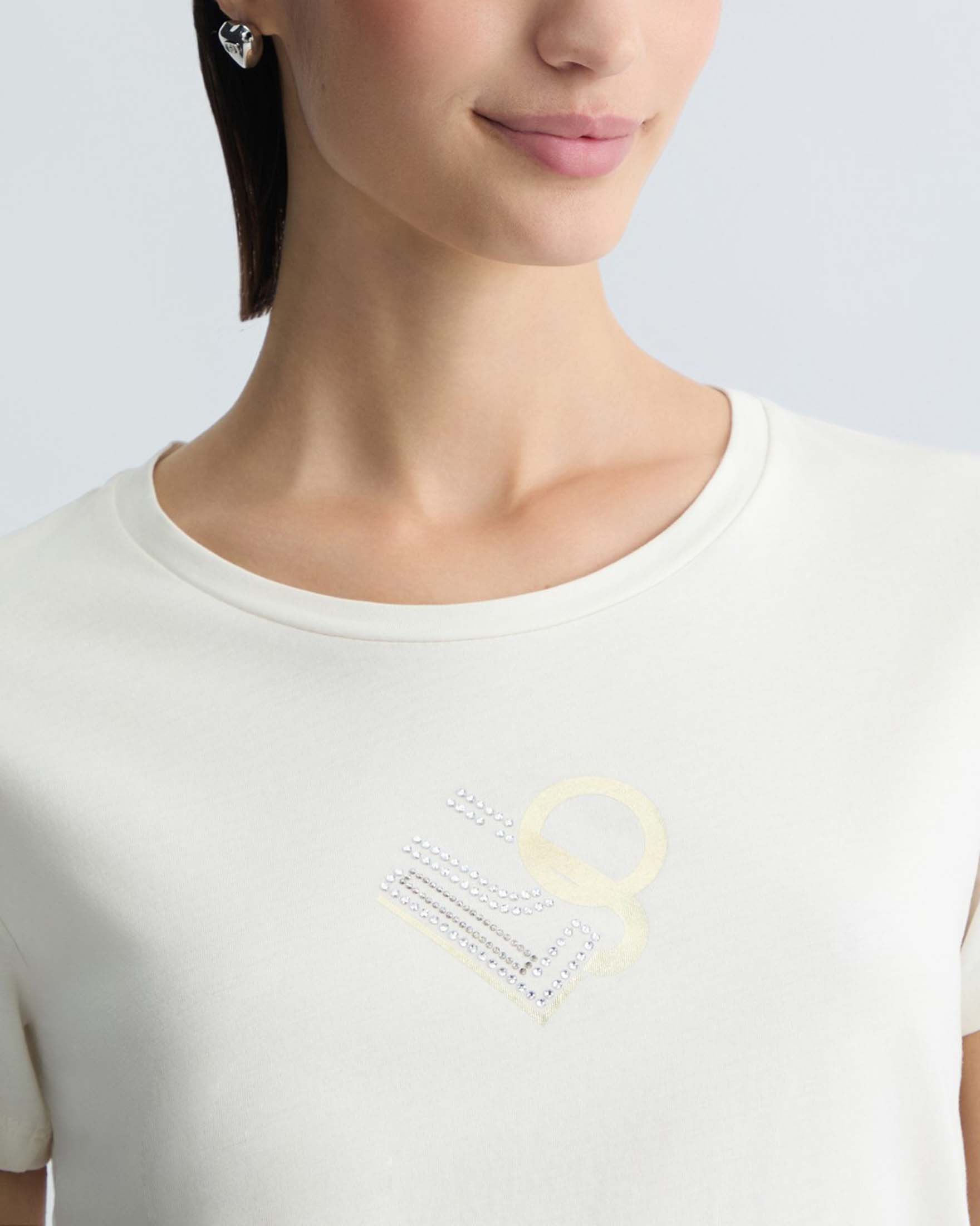 T-shirt bianc Liu Jo in cotone con scritta logo nera gialla in strass e glitter image