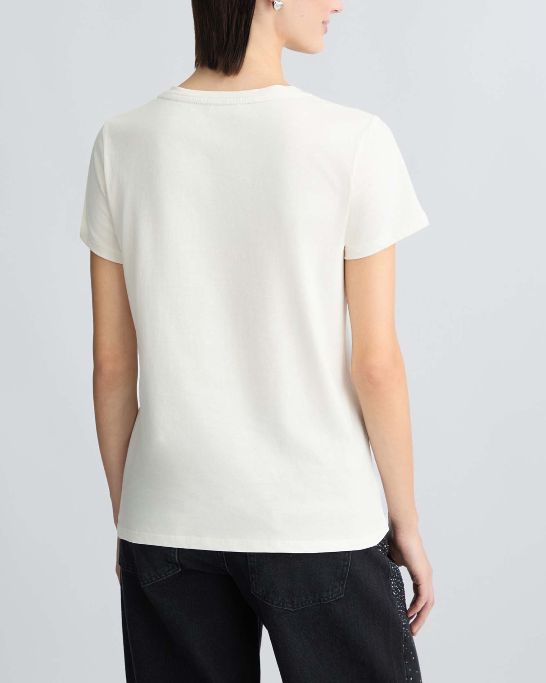 T-shirt bianc Liu Jo in cotone con scritta logo nera gialla in strass e glitter