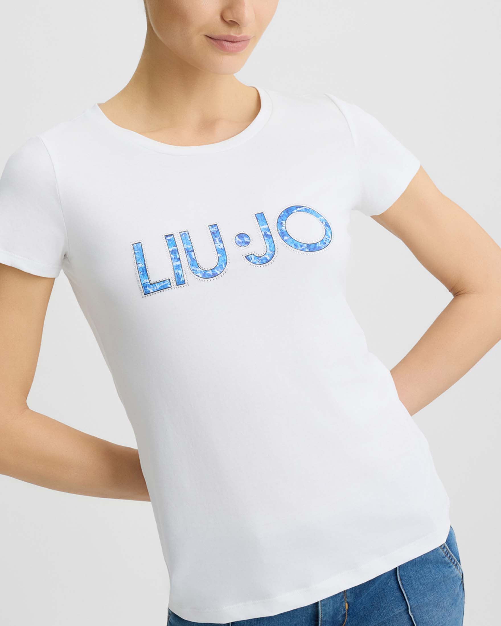 T-shirt bianca Liu Jo Mare in cotone stretch con scritta logo a stampa denim azzurra con strass image