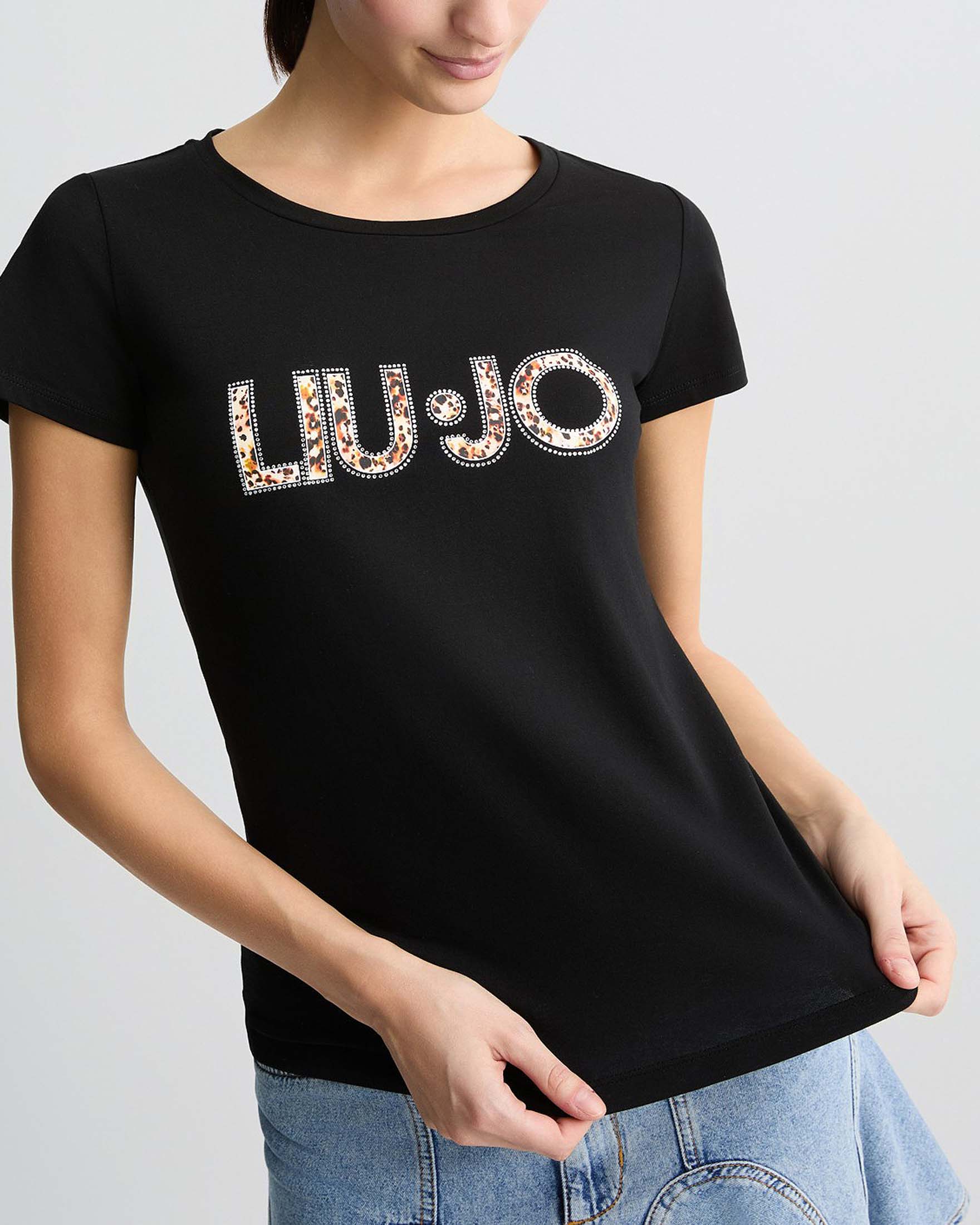 T-shirt nera Liu Jo Mare in cotone stretch con scritta logo a stampa animalier con strass image