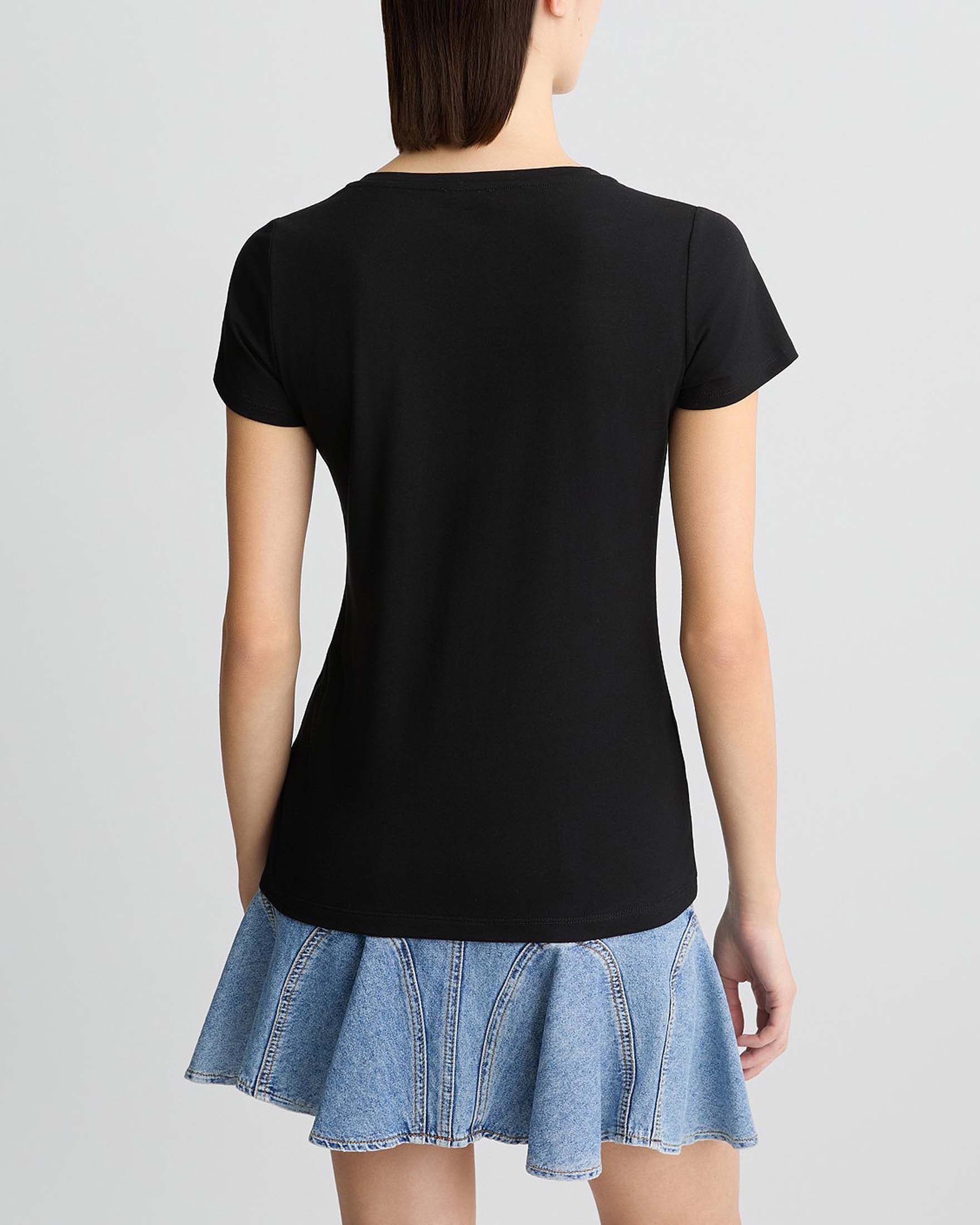 T-shirt nera Liu Jo Mare in cotone stretch con scritta logo a stampa animalier con strass