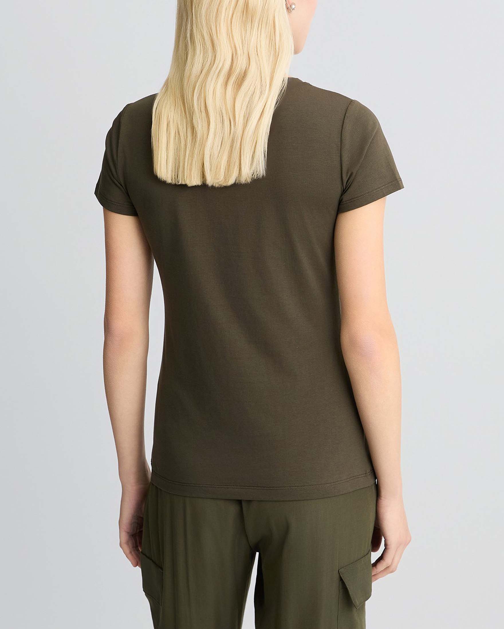 T-shirt verde militare Liu Jo Mare in cotone stretch con scritta logo a stampa animalier con strass