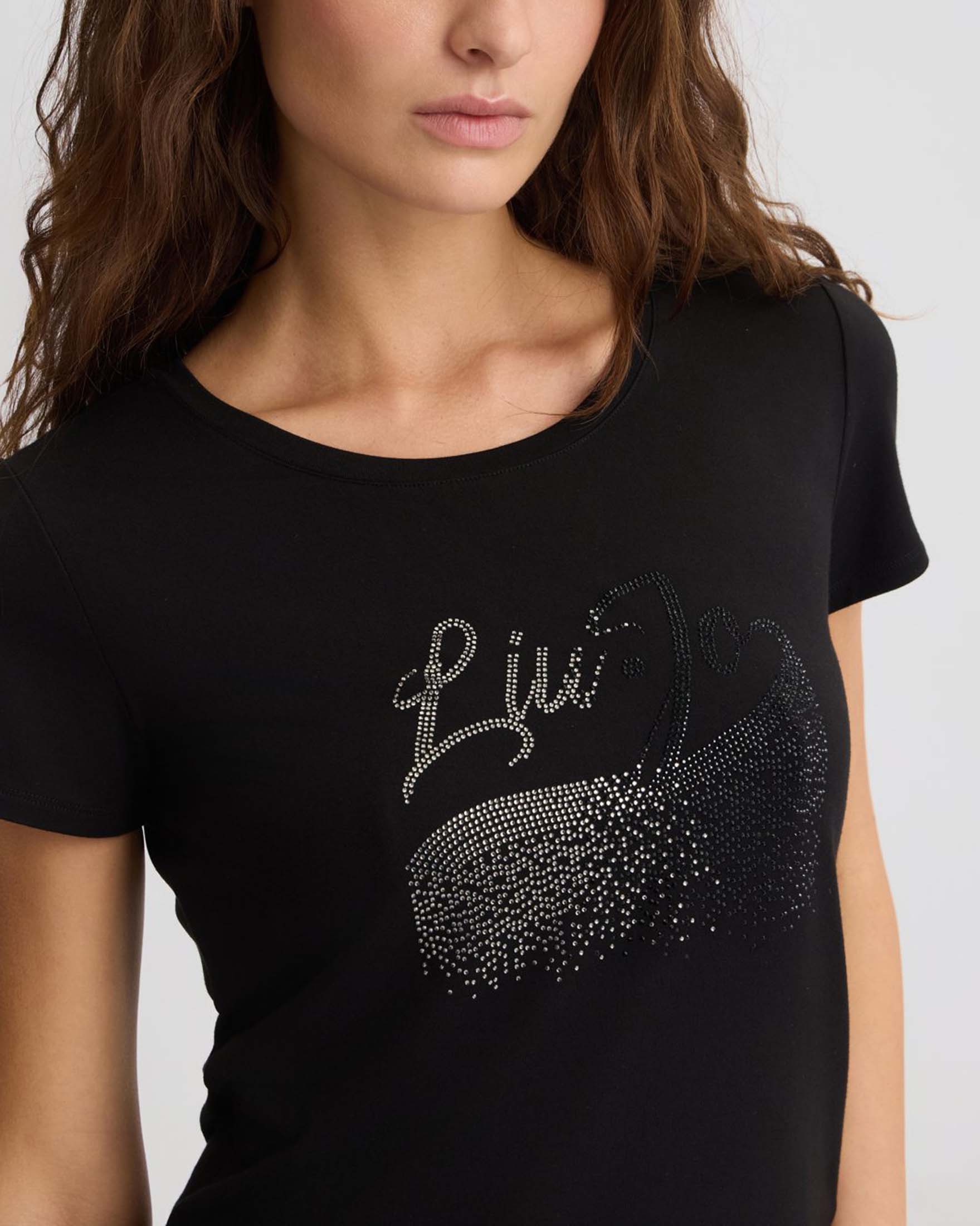 T-shirt girocollo nera Liu Jo Mare in jersey di viscosa stretch logo in strass effetto sfumato argento e blu image