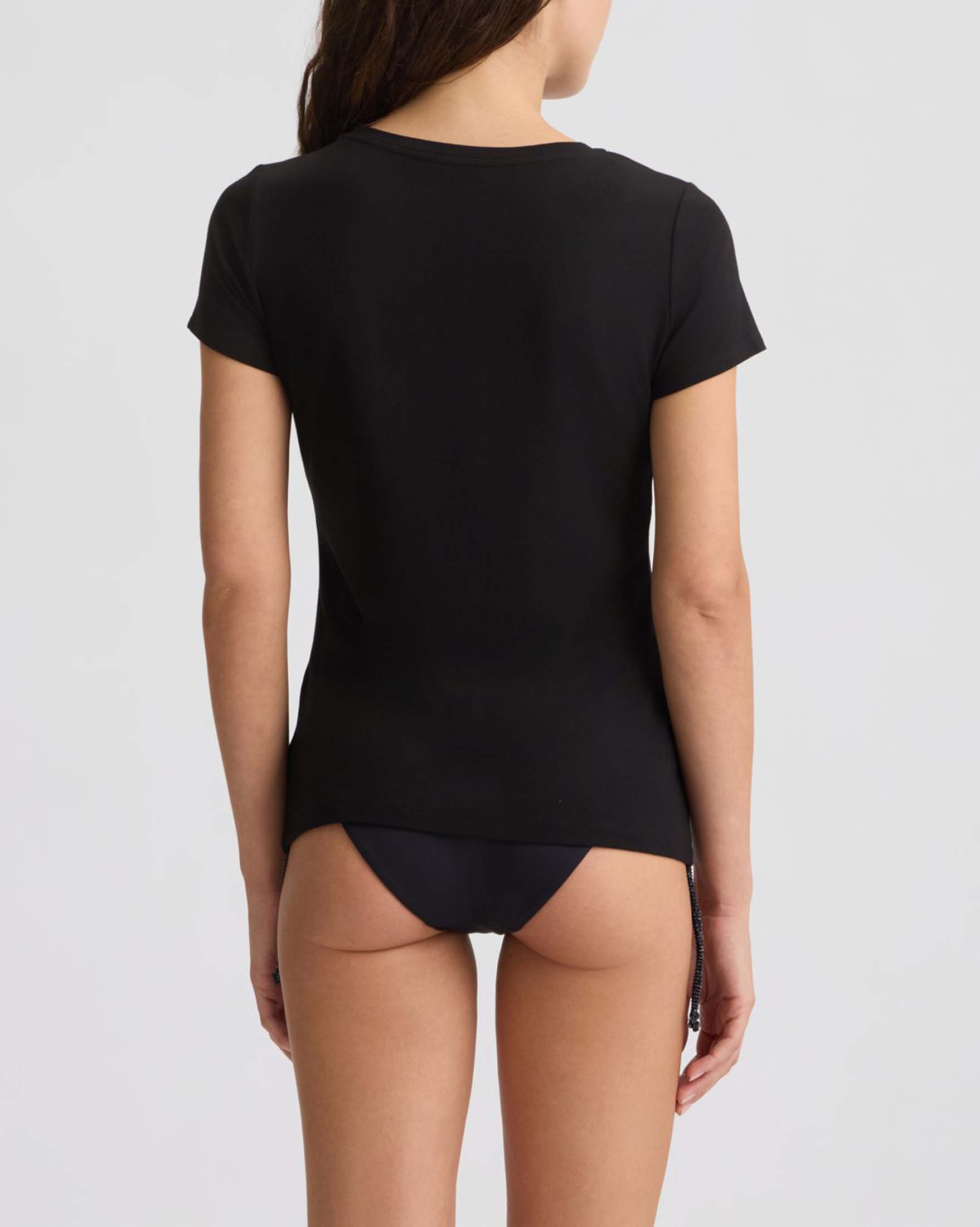 T-shirt girocollo nera Liu Jo Mare in jersey di viscosa stretch logo in strass effetto sfumato argento e blu