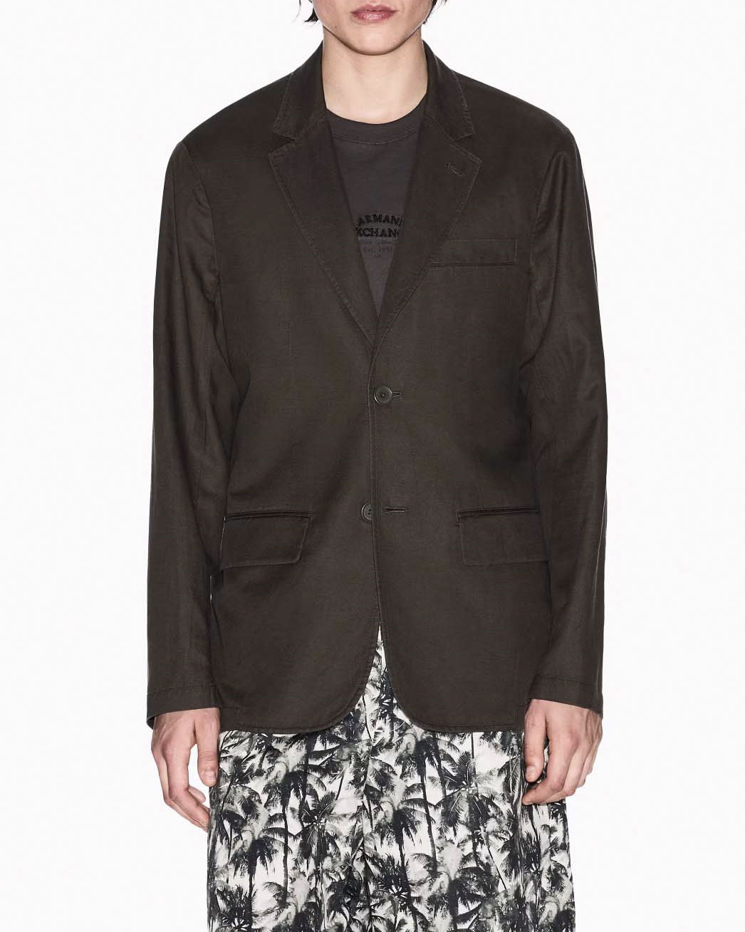 Blazer Armani Exchange verde militare monopetto in misto lino e cotone image