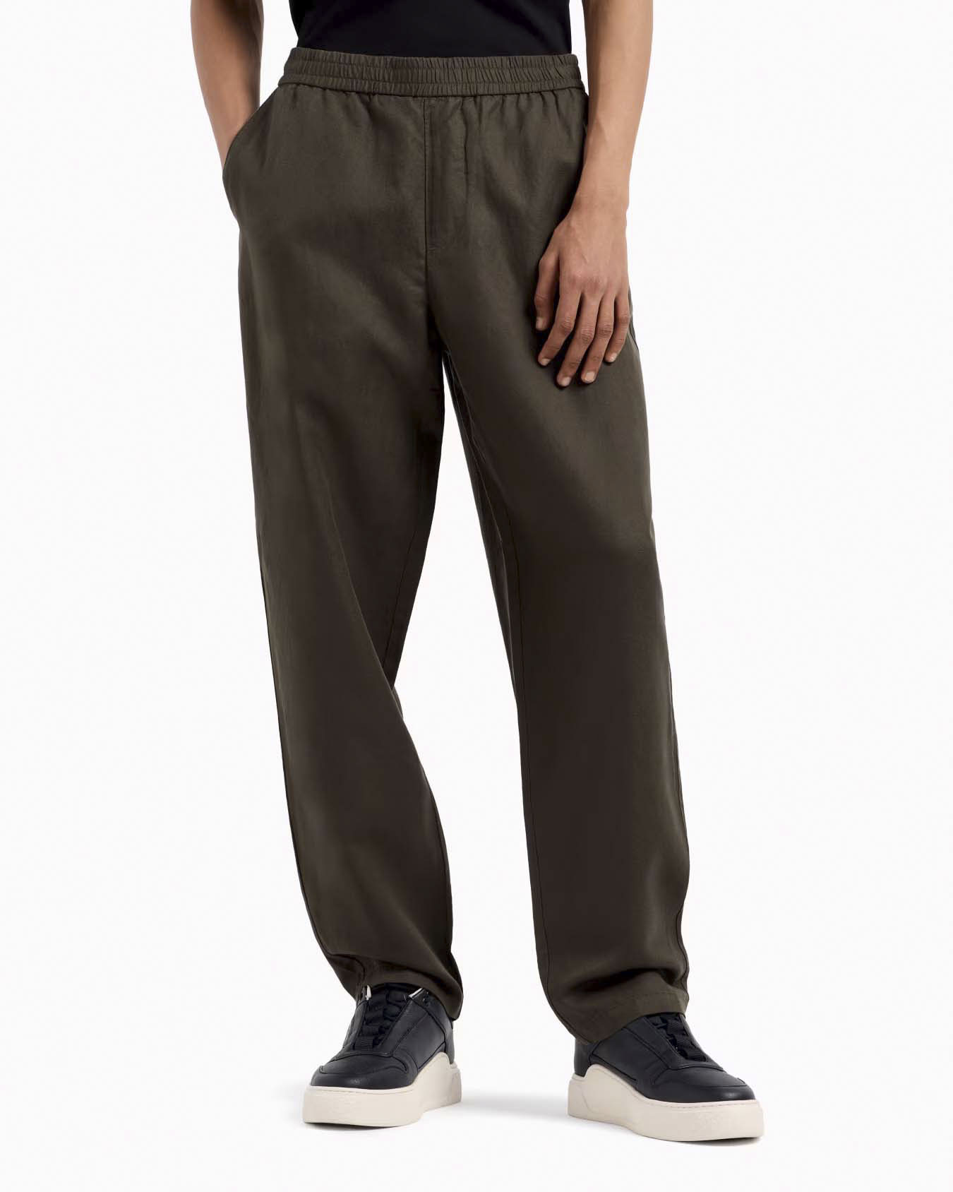 Pantalone Exchange verde militare in misto lino e cotone a gamba larga