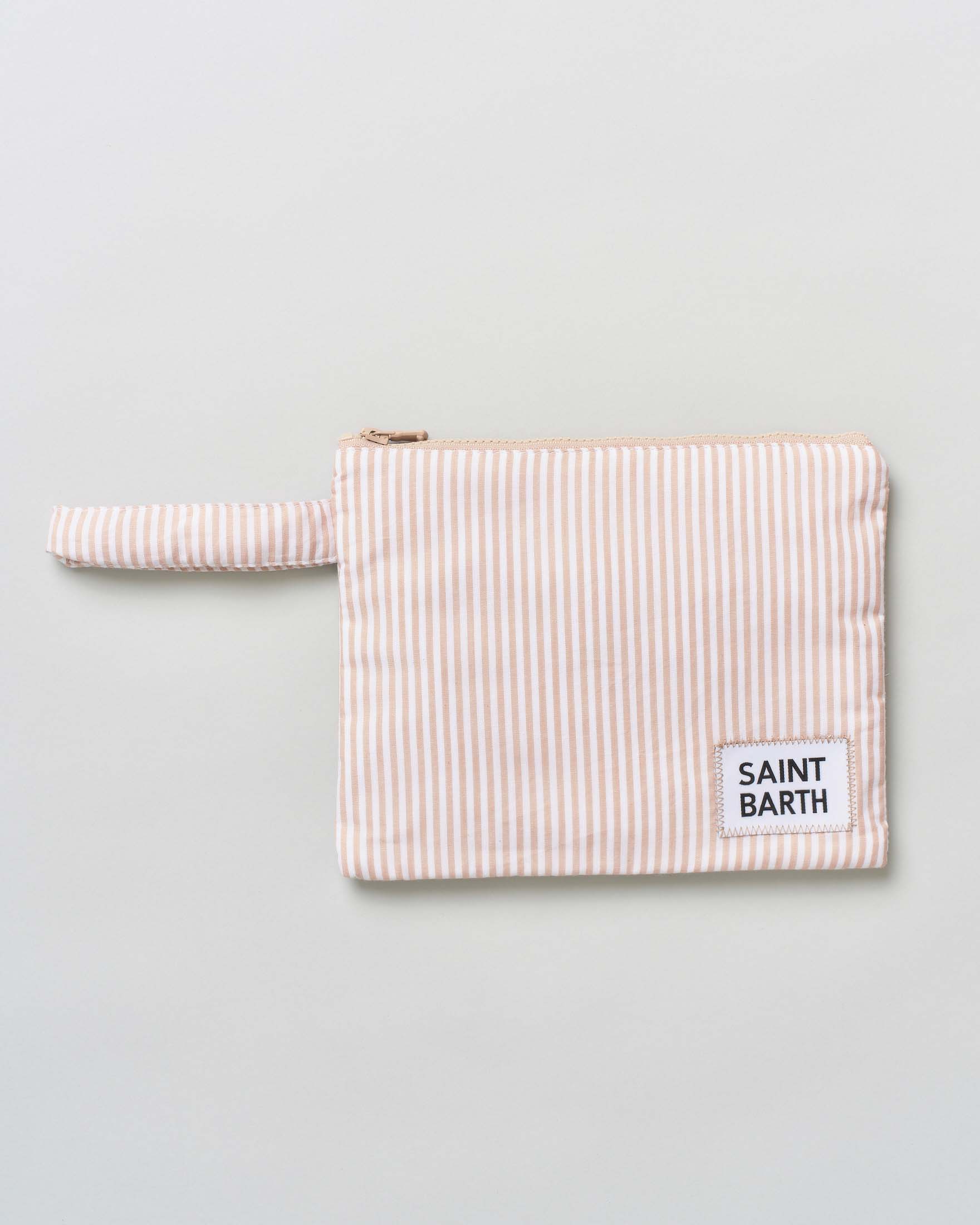 Pochette in cotone a righine bianche e beige