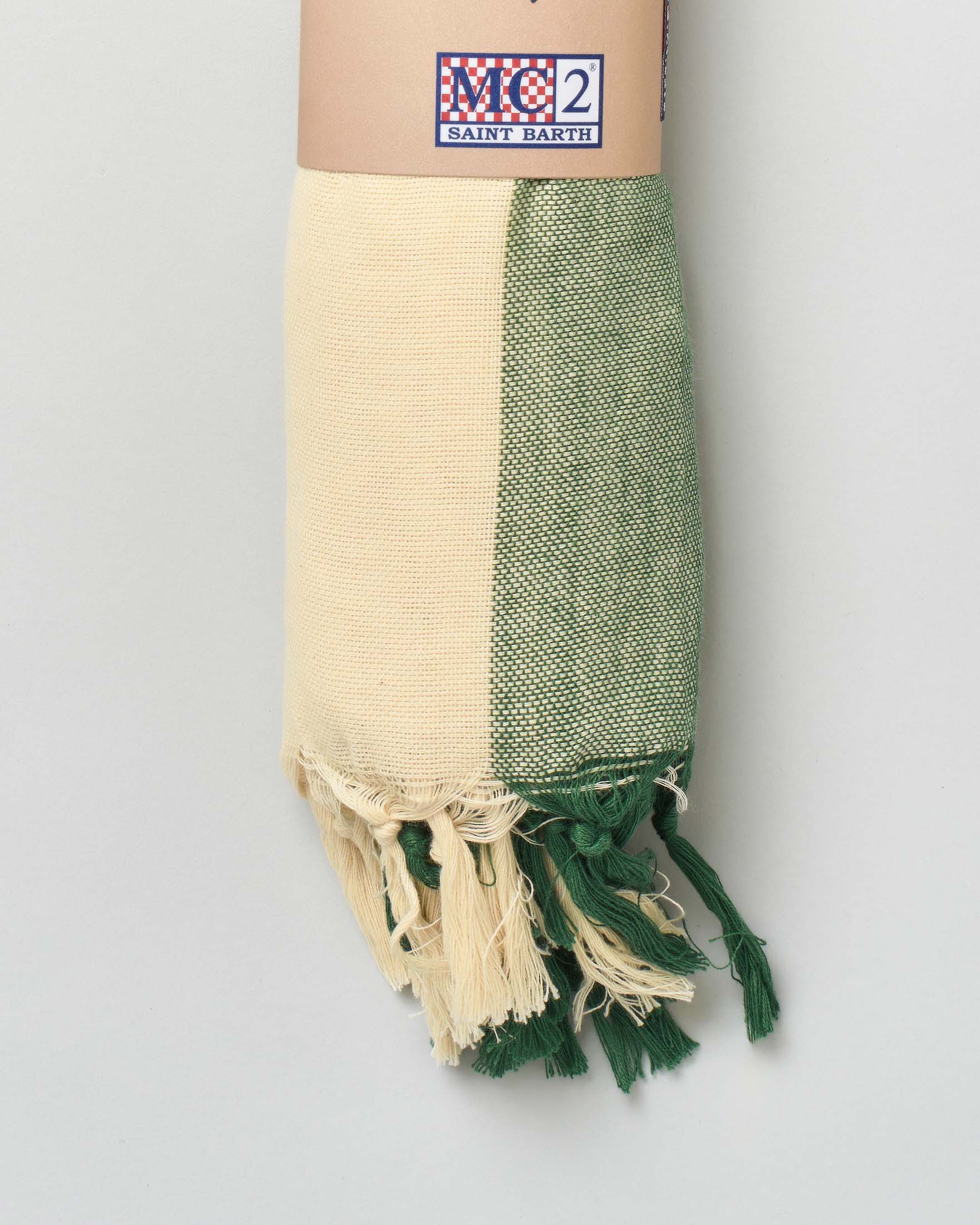 Telo mare MC2 Saint Barth in cotone a riga larga panna e verde militare verticale con frange al fondo e scritta logo ricamata image